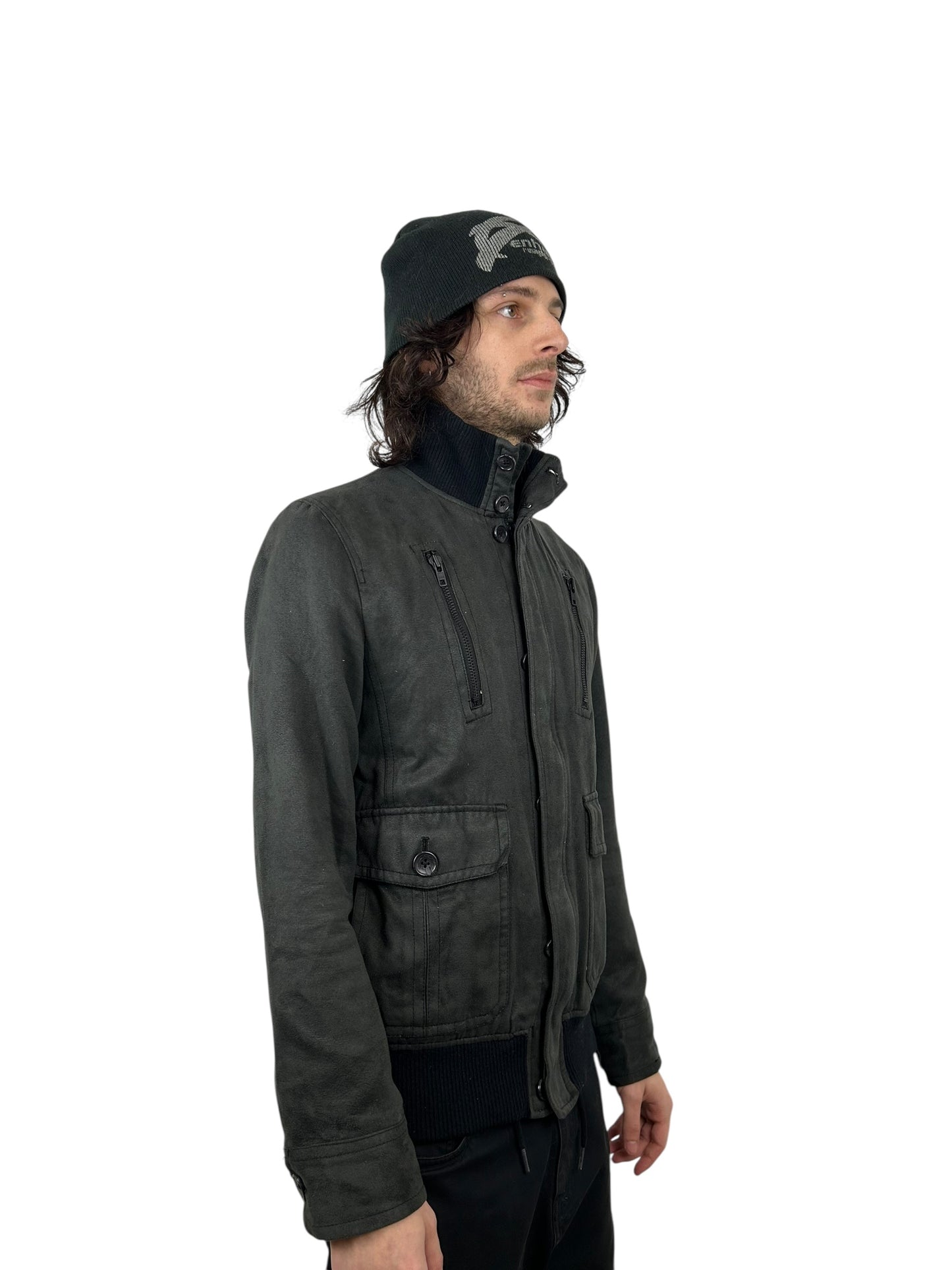 JPEGG Washed Charcoal Suede Funnel Neck Bomber Jacket (M)