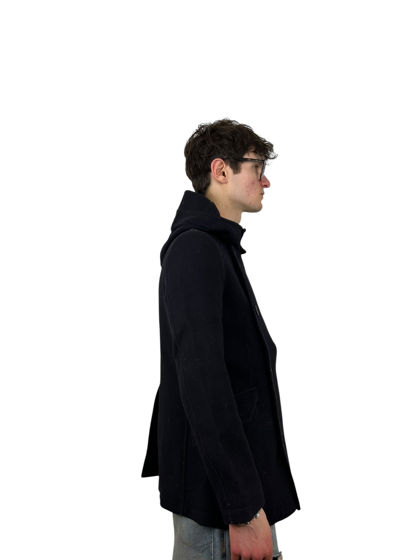 Zucca Asymmetrical Hooded Wool Toggle Zip Deep Navy Peacoat (L)