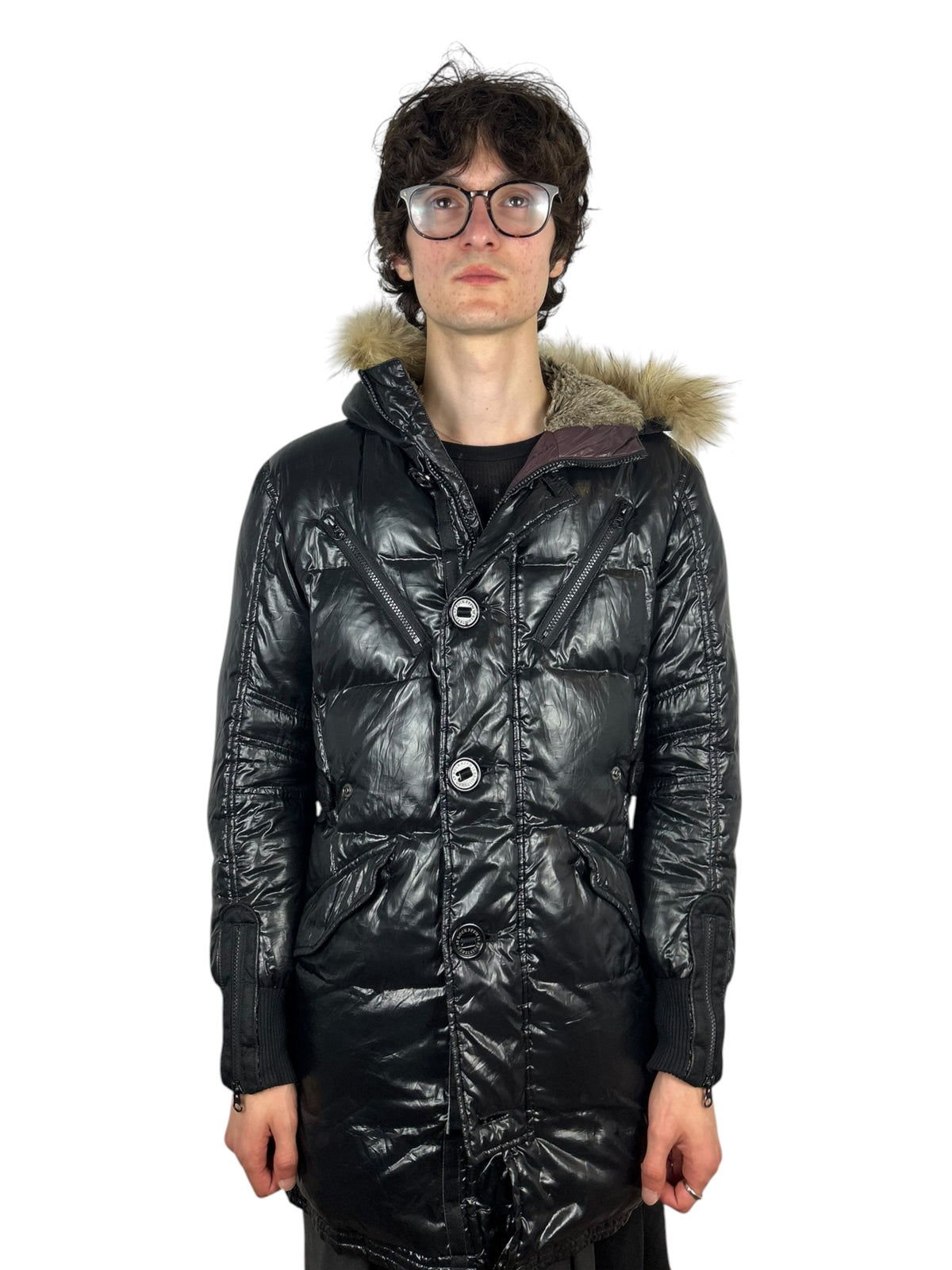 2000s PPFM Black Faux-Fur Trimmed Quilted Puffer Jacket (L)