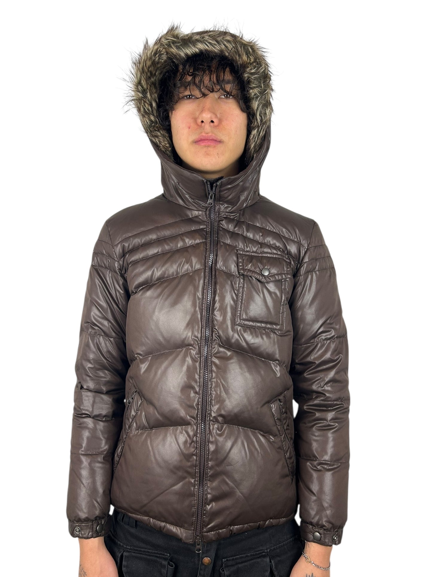 2000s PPFM Chocolate Brown Faux-Fur Trimmed Quilted Puffer Jacket (L)