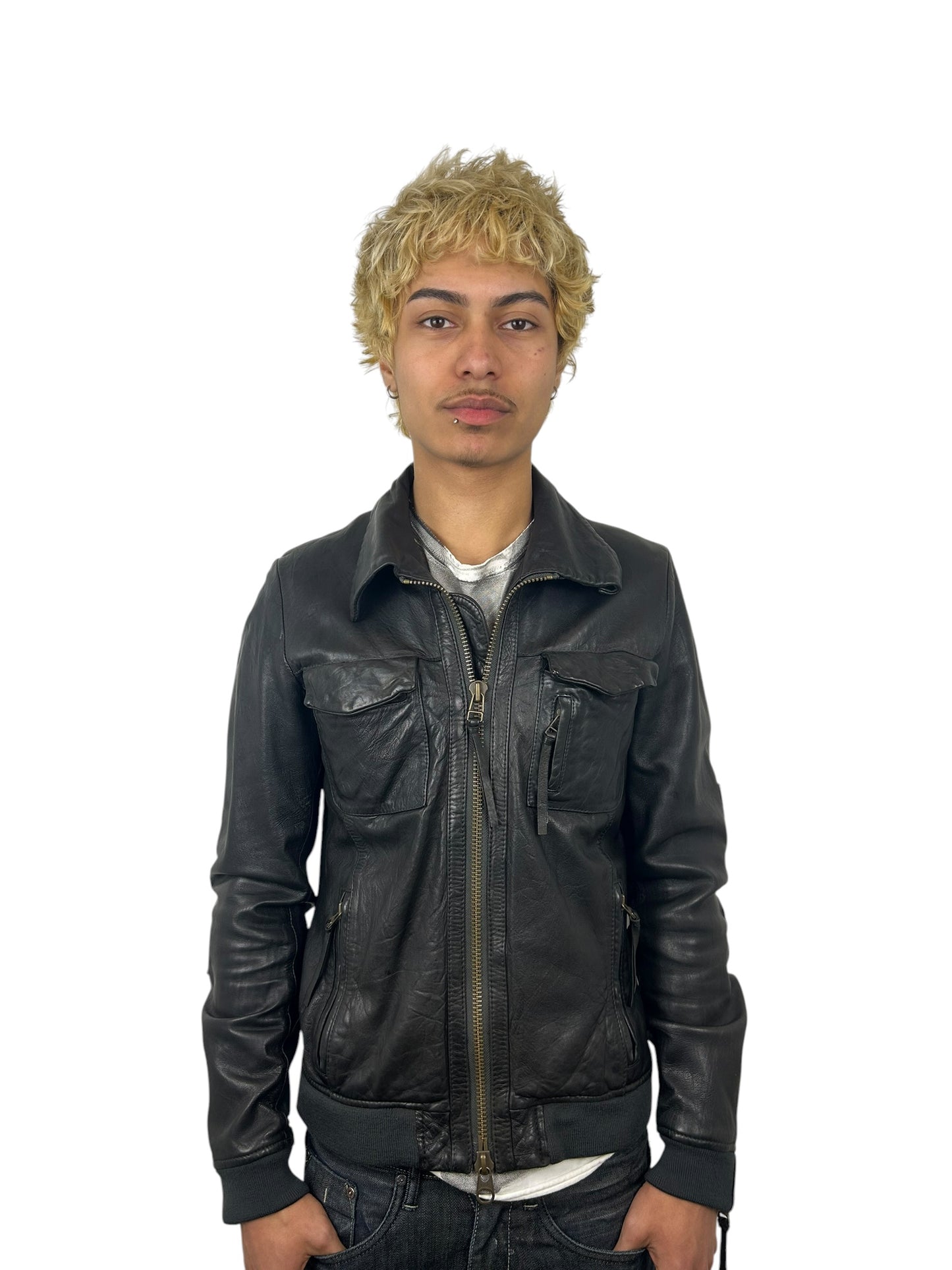 Johnbull Black Leather Multi-Pocket Zip Jacket with Neck Guard (M)