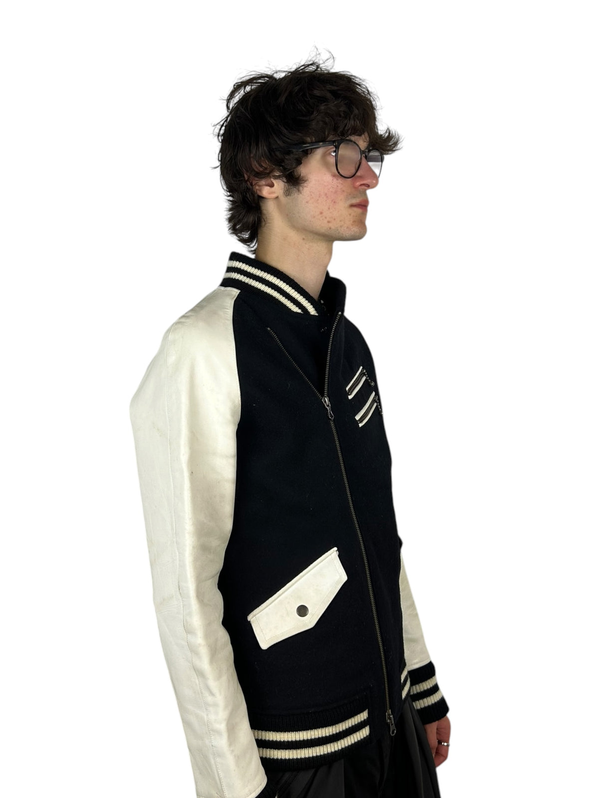 Maniac Works Heraldic Crest Leather-Sleeve Biker Varsity Jacket (L)