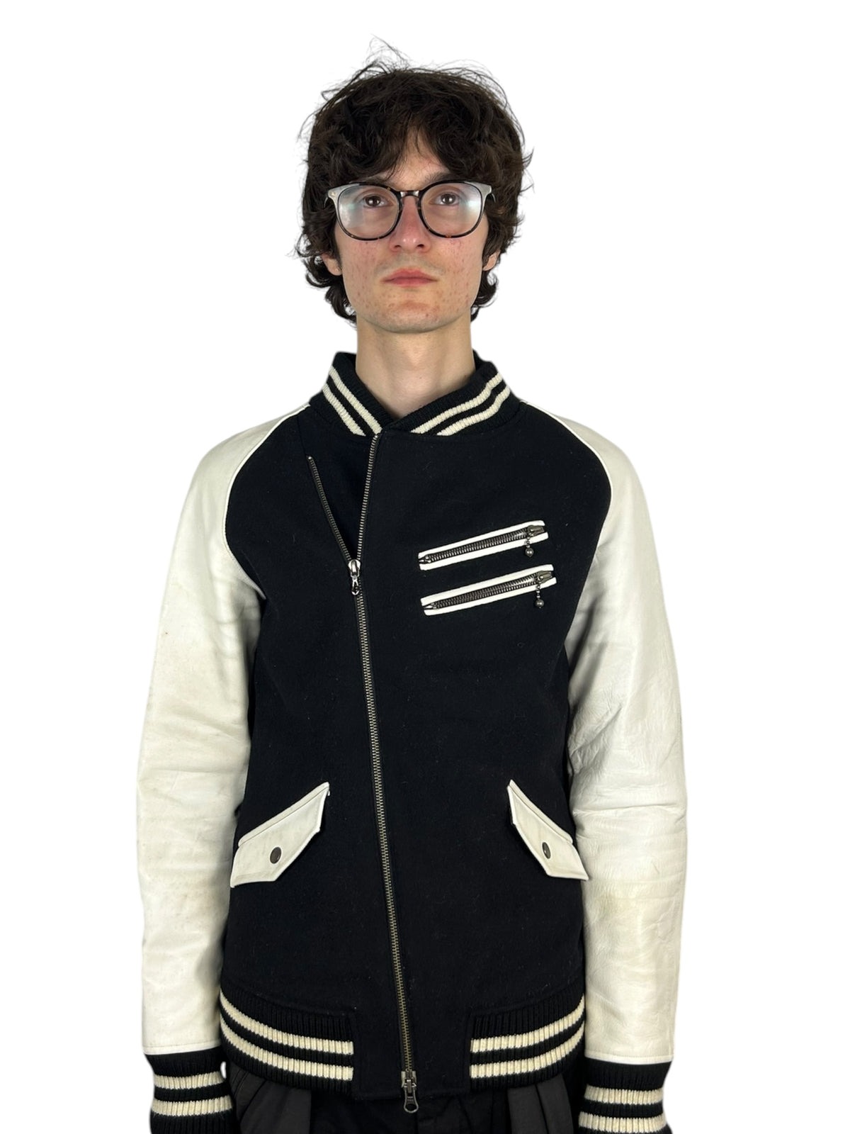 Maniac Works Heraldic Crest Leather-Sleeve Biker Varsity Jacket (L)