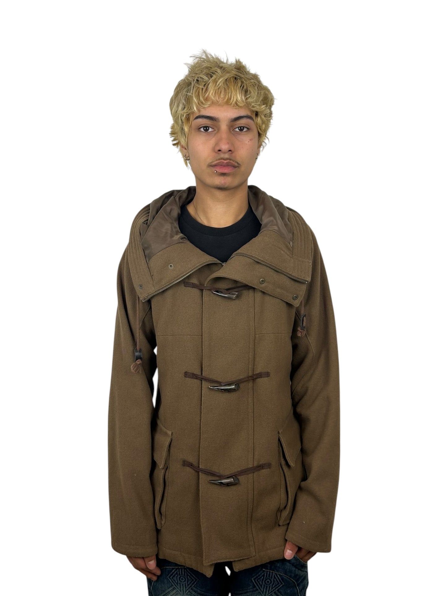 2000s PPFM Hooded Duffle Toggle Closure Wool Blend Panelled Utility Coat (L)