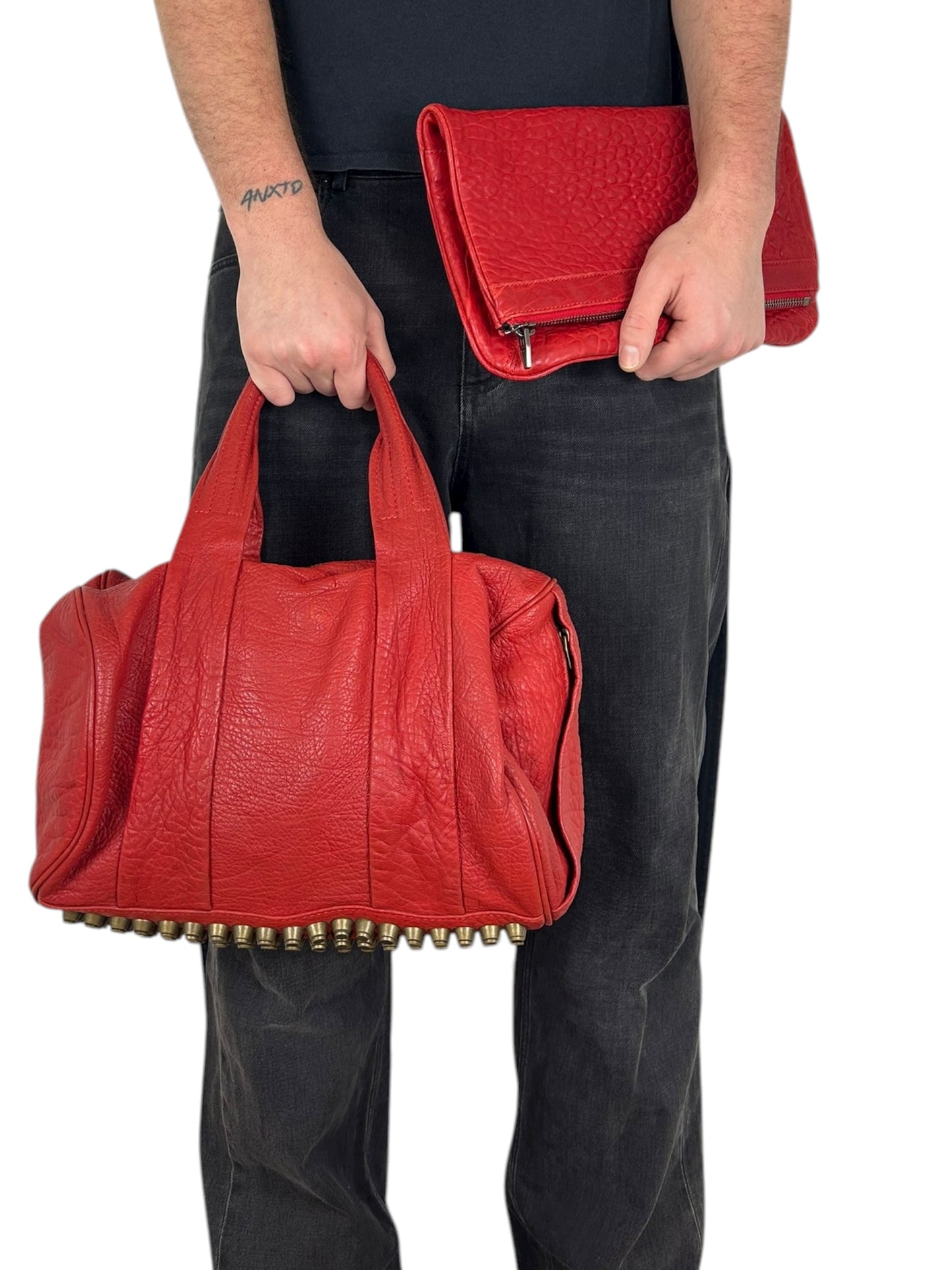 Alexander Wang Studded Rocco Bag w Clutch Set Bright Red Leather