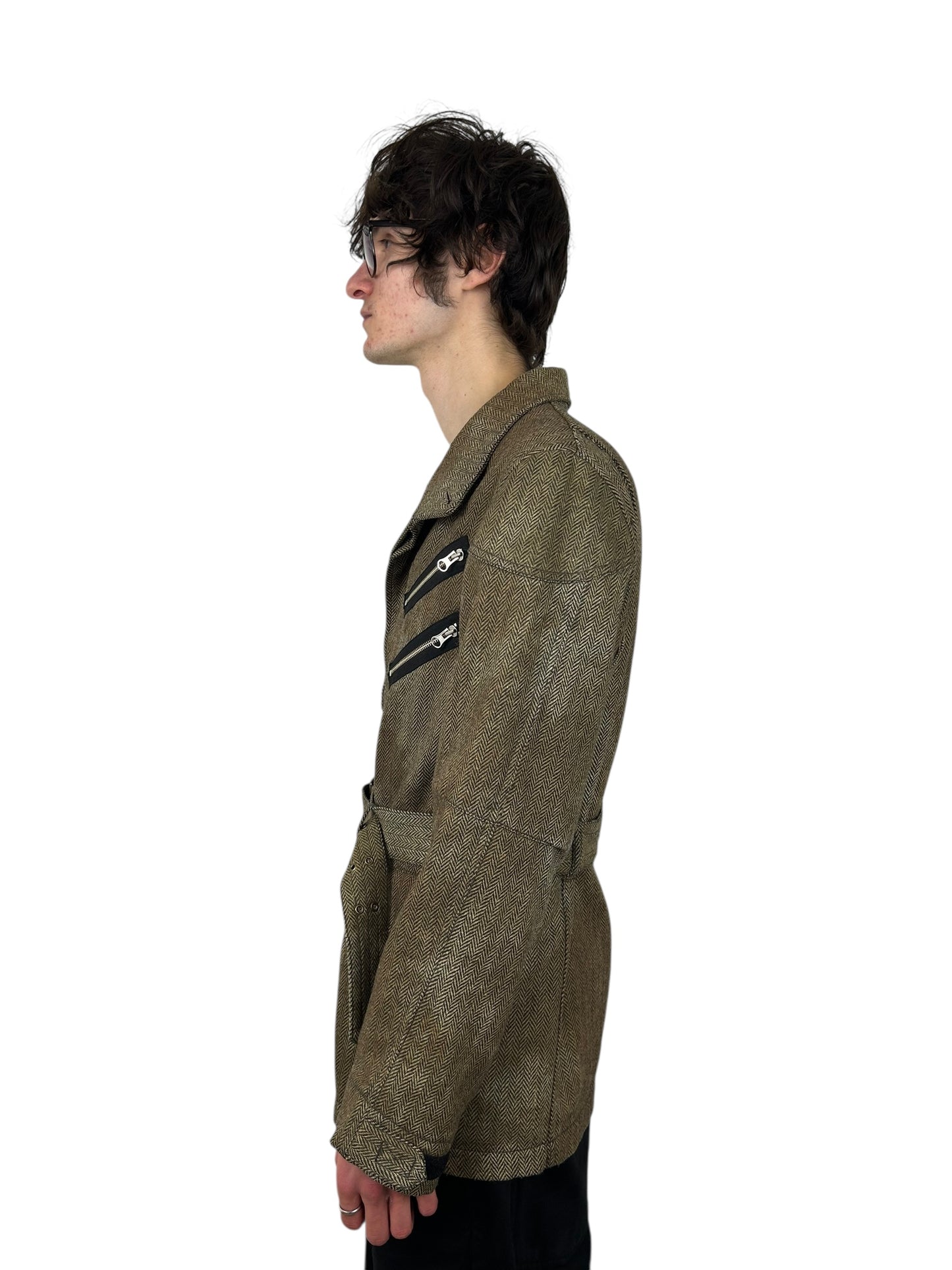 PPFM Belted HerringboneUtility Jacket with Zipper ChestPockets (M)