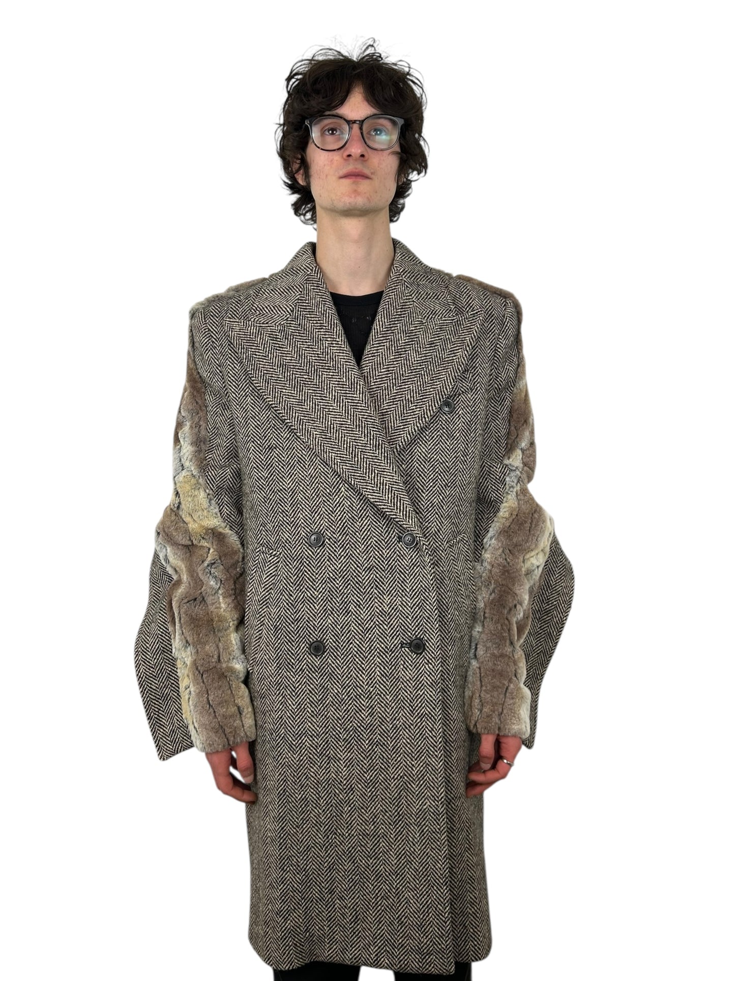 Y/Project Draped Faux Fur Herringbone Tweed Transformable Coat (L)