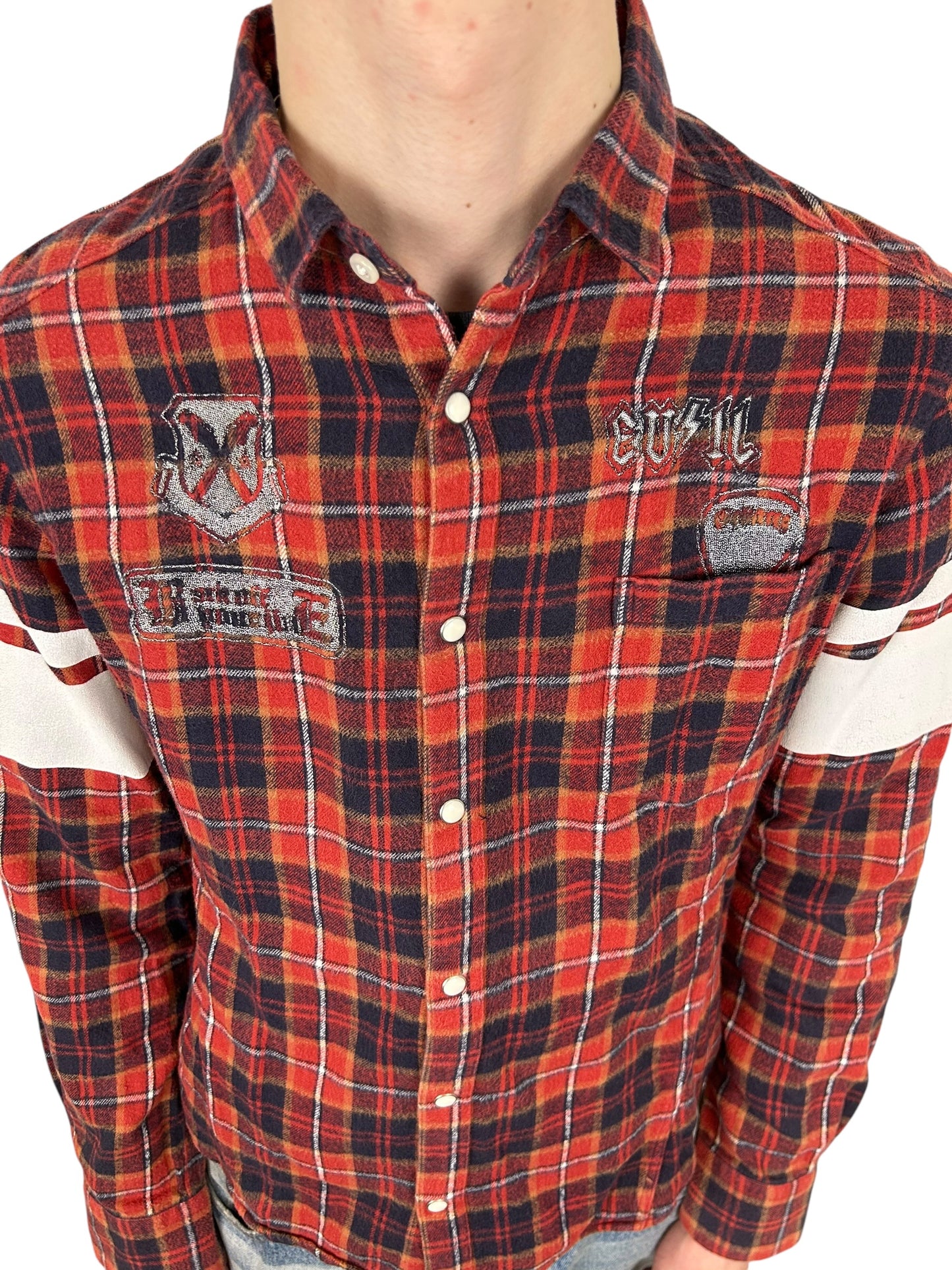 PPFM “The Crow / AC-DC” Painted Sleeves Plaid Flannel Shirt (M)