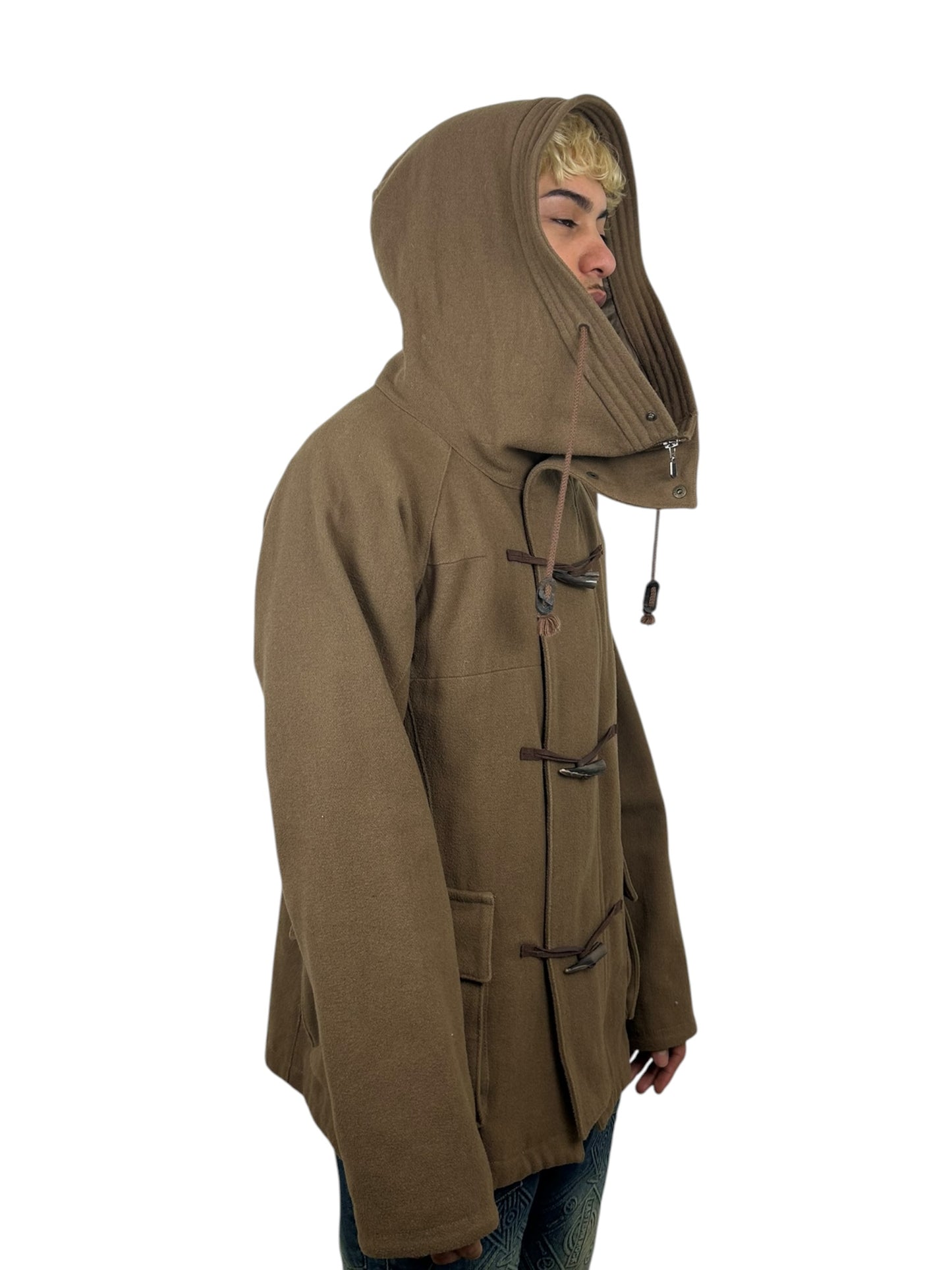 2000s PPFM Hooded Duffle Toggle Closure Wool Blend Panelled Utility Coat (L)