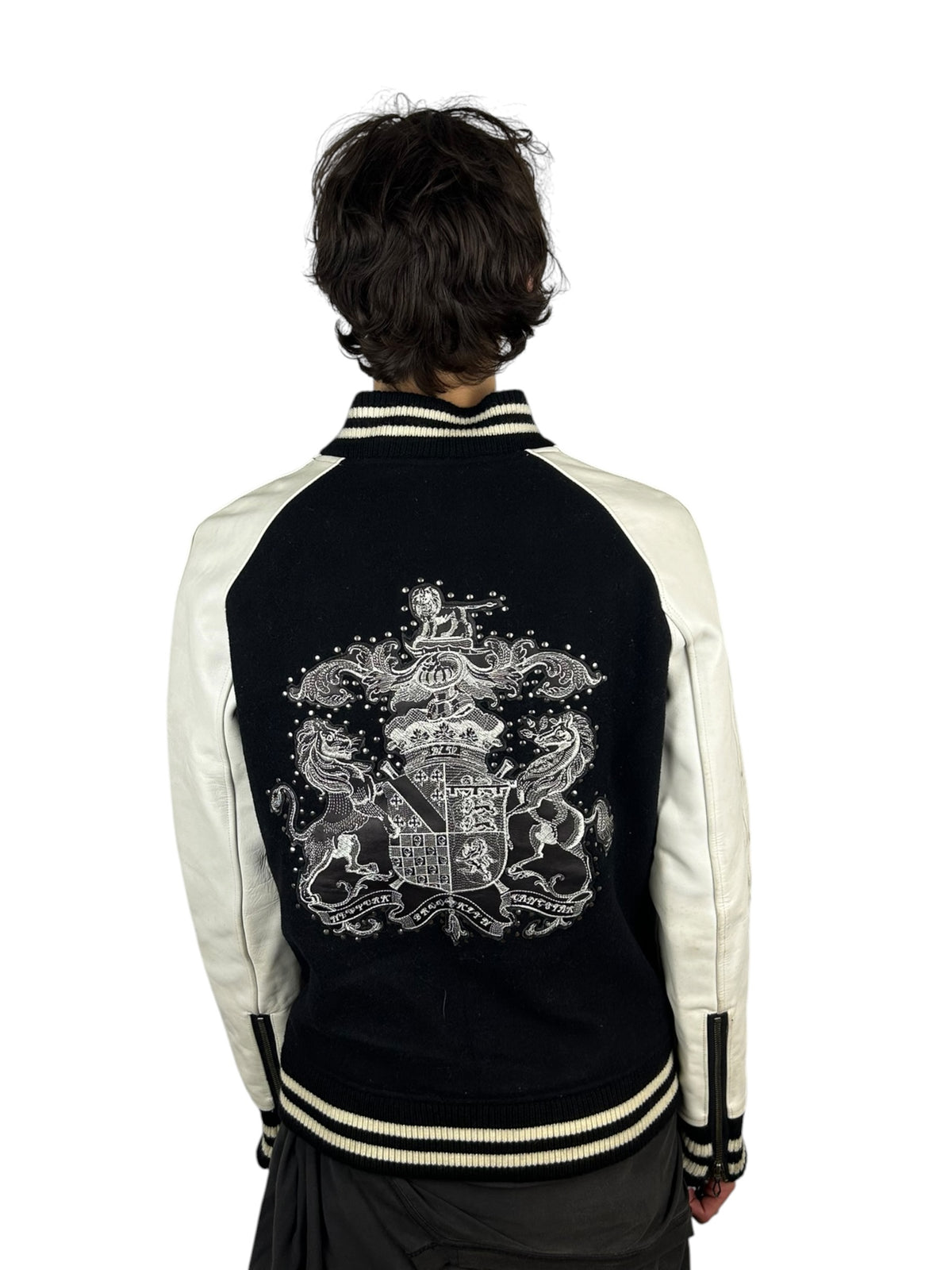 Maniac Works Heraldic Crest Leather-Sleeve Biker Varsity Jacket (L)