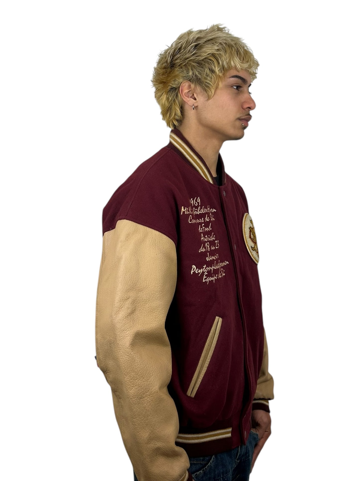 1990s PPFM Ski Team “Kitzbühel Horn” Embroidered Wool Leather Varsity Jacket (L)
