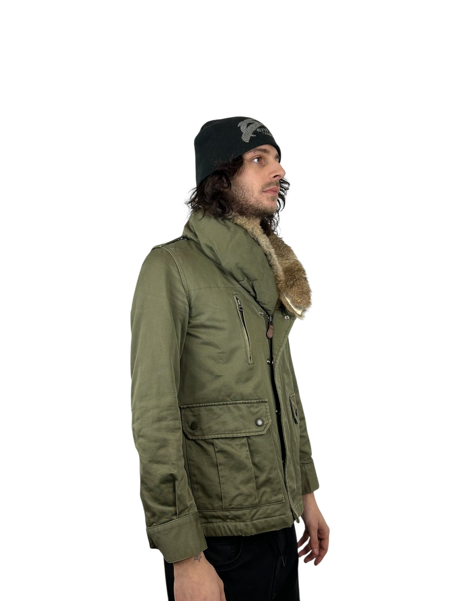 1990s Johnbull Rabbit Fur-Lined Asymmetrical Military Jacket (M)