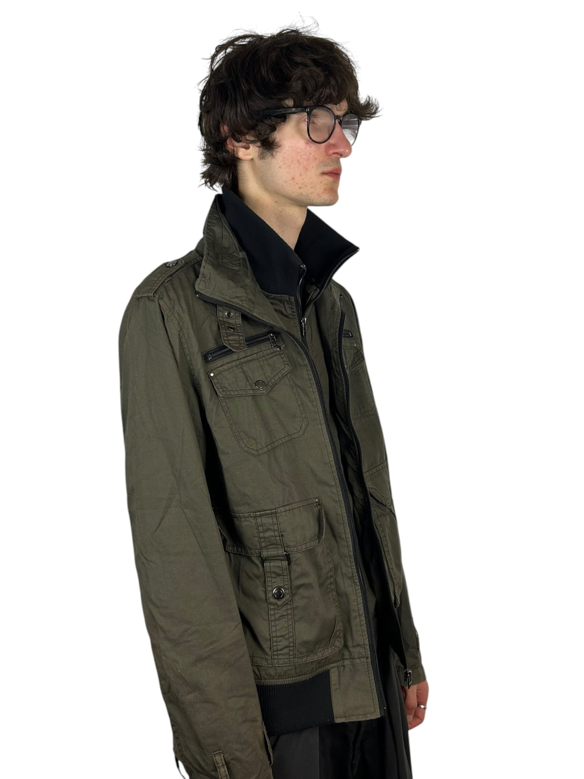 Bareback Realdress Double Zipper Multi-Pocket Military Bomber Jacket (L)