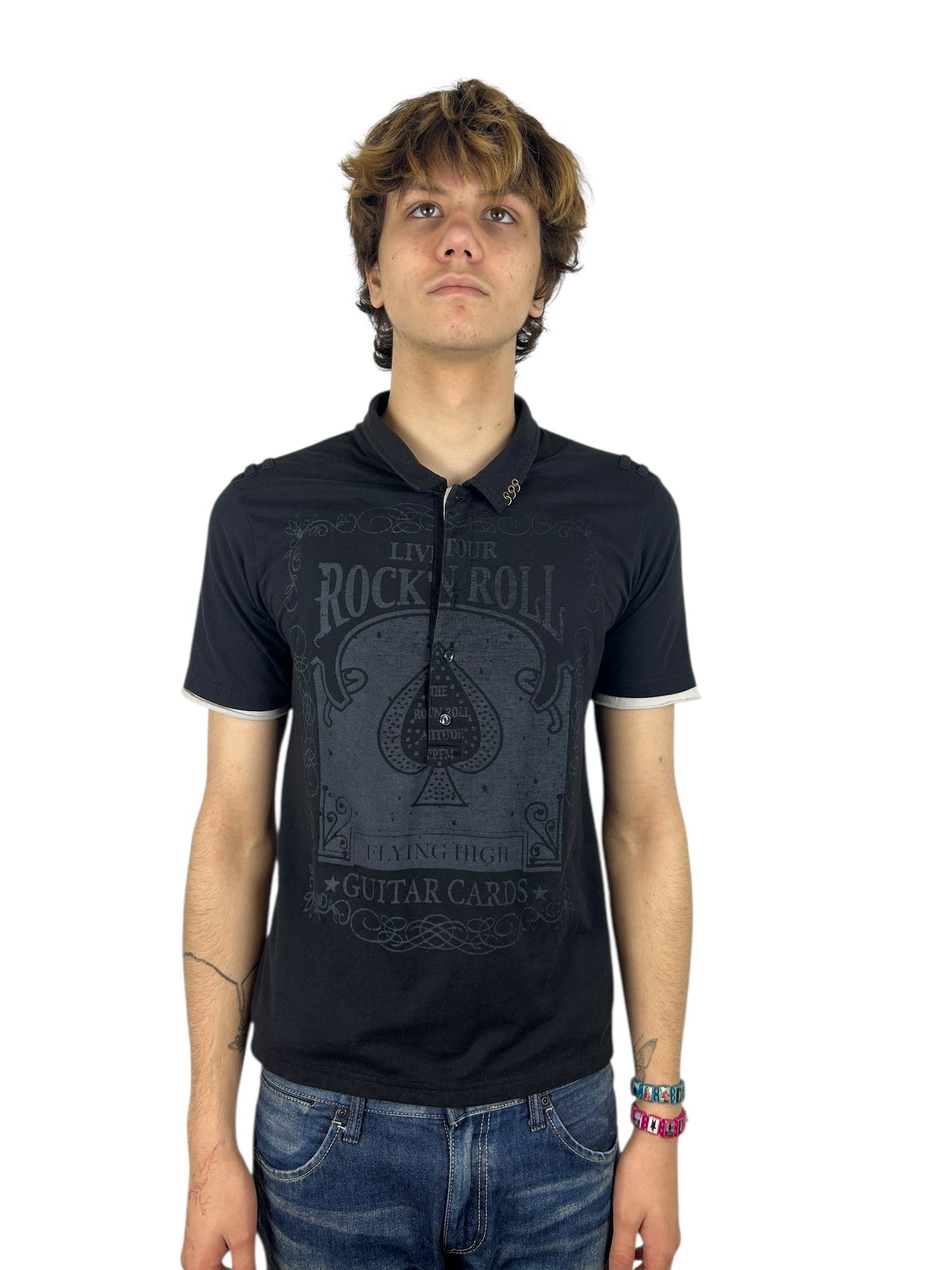 2000s PPFM 2 Layer “Rock and Roll” Pierced Polo (M)