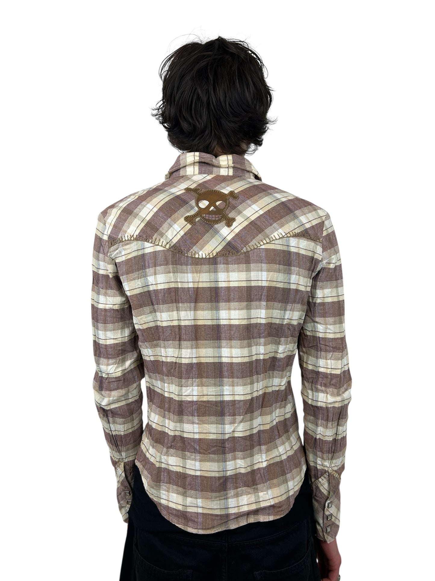 2000s PPFM Multi Stripe Plaid Skull Embroidery Western Style Button Up (M)