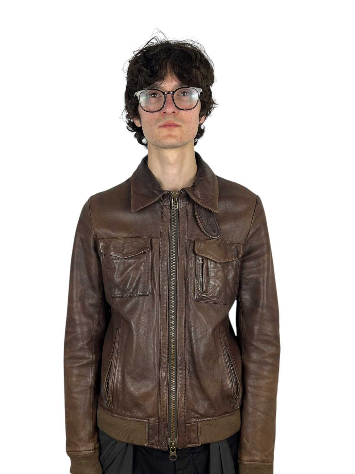 Johnbull Brown Leather Multi-Pocket Zip Jacket with Neck Guard (M)