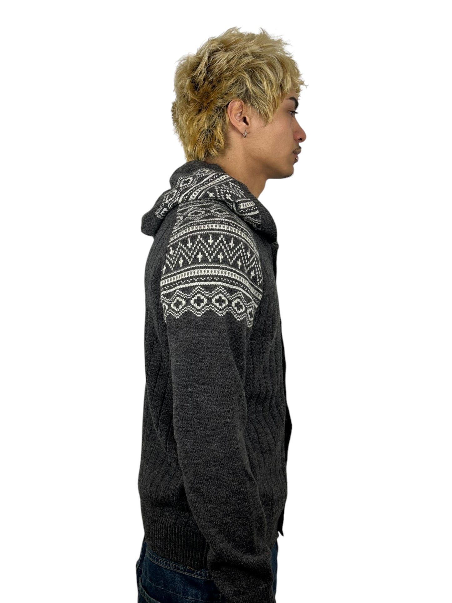 2000s PPFM Fair Isle Pattern Raglan Hooded Button Acrylic Wool Blend Knit Cardigan (M)