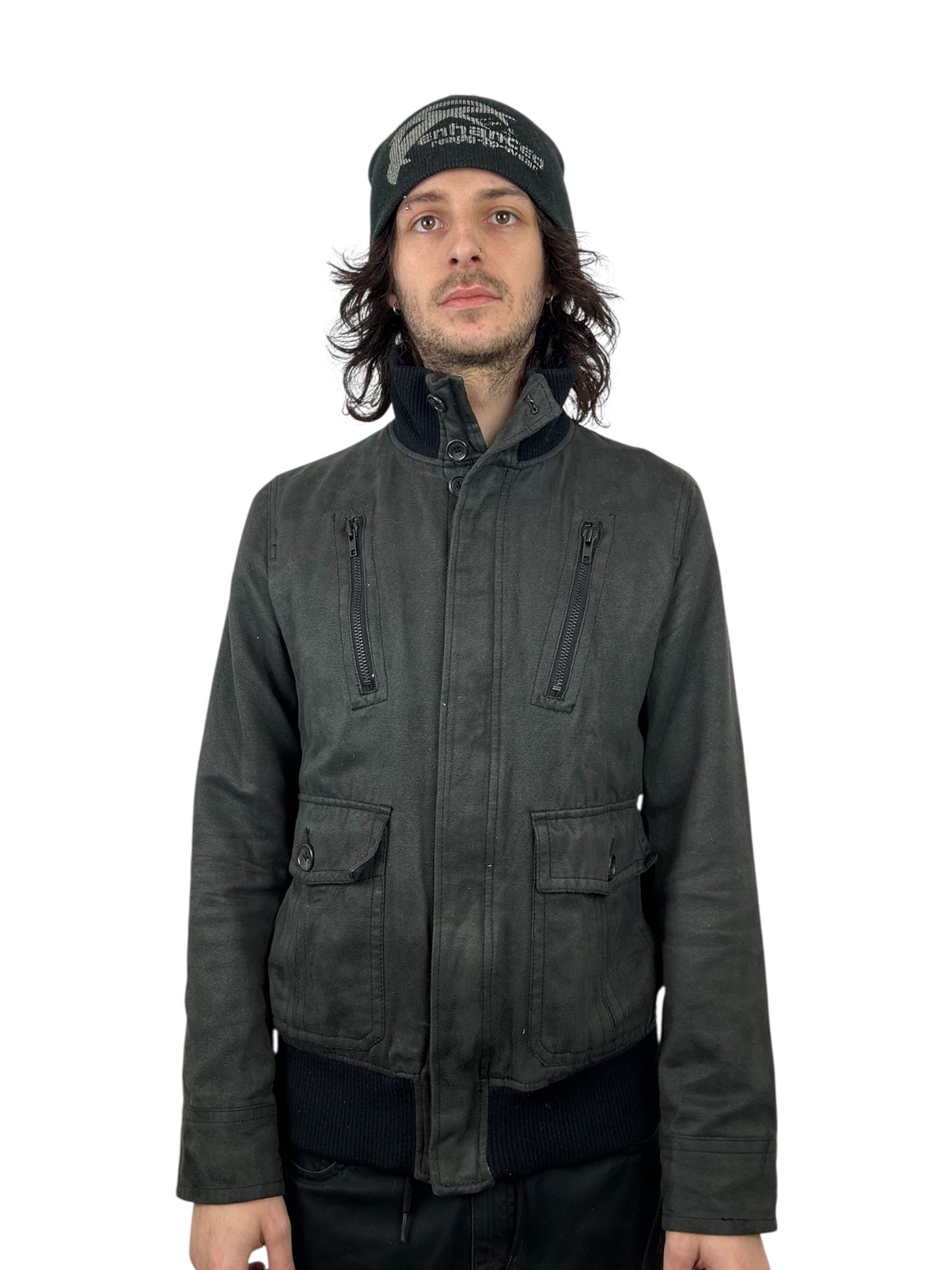 JPEGG Washed Charcoal Suede Funnel Neck Bomber Jacket (M)