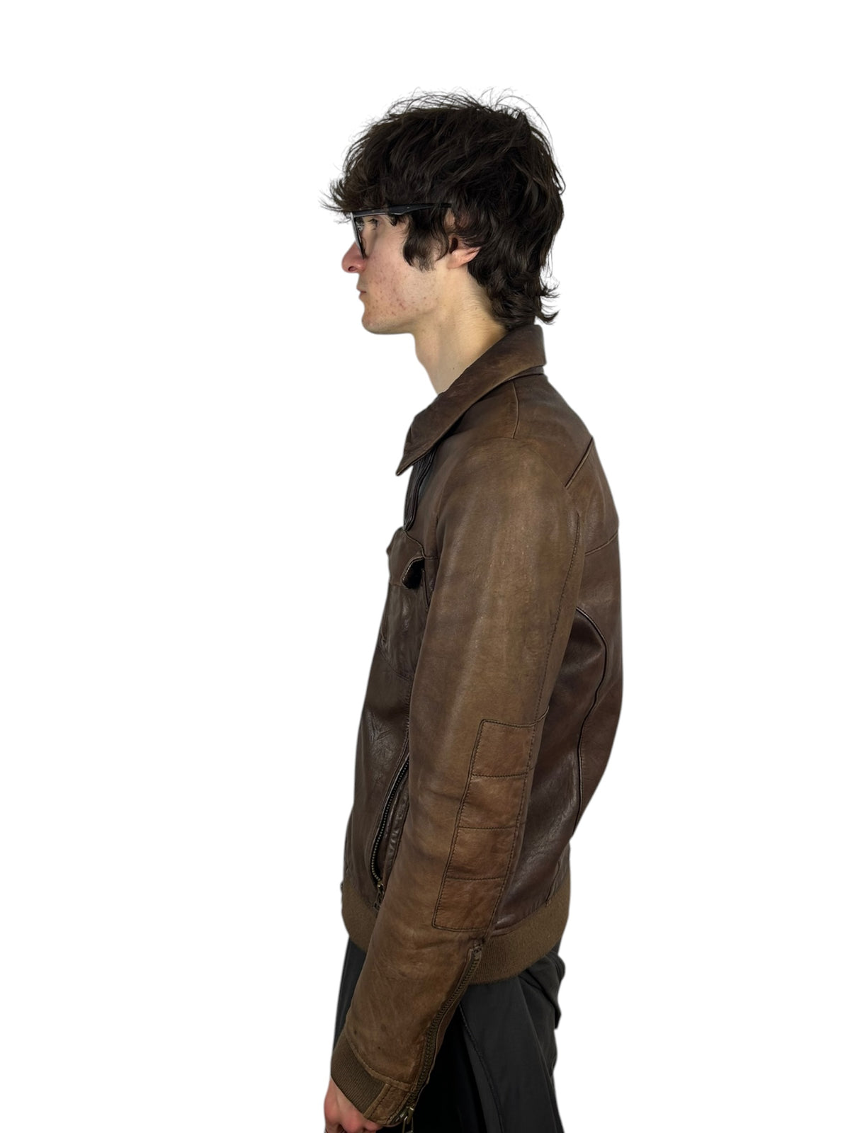 Johnbull Brown Leather Multi-Pocket Zip Jacket with Neck Guard (M)