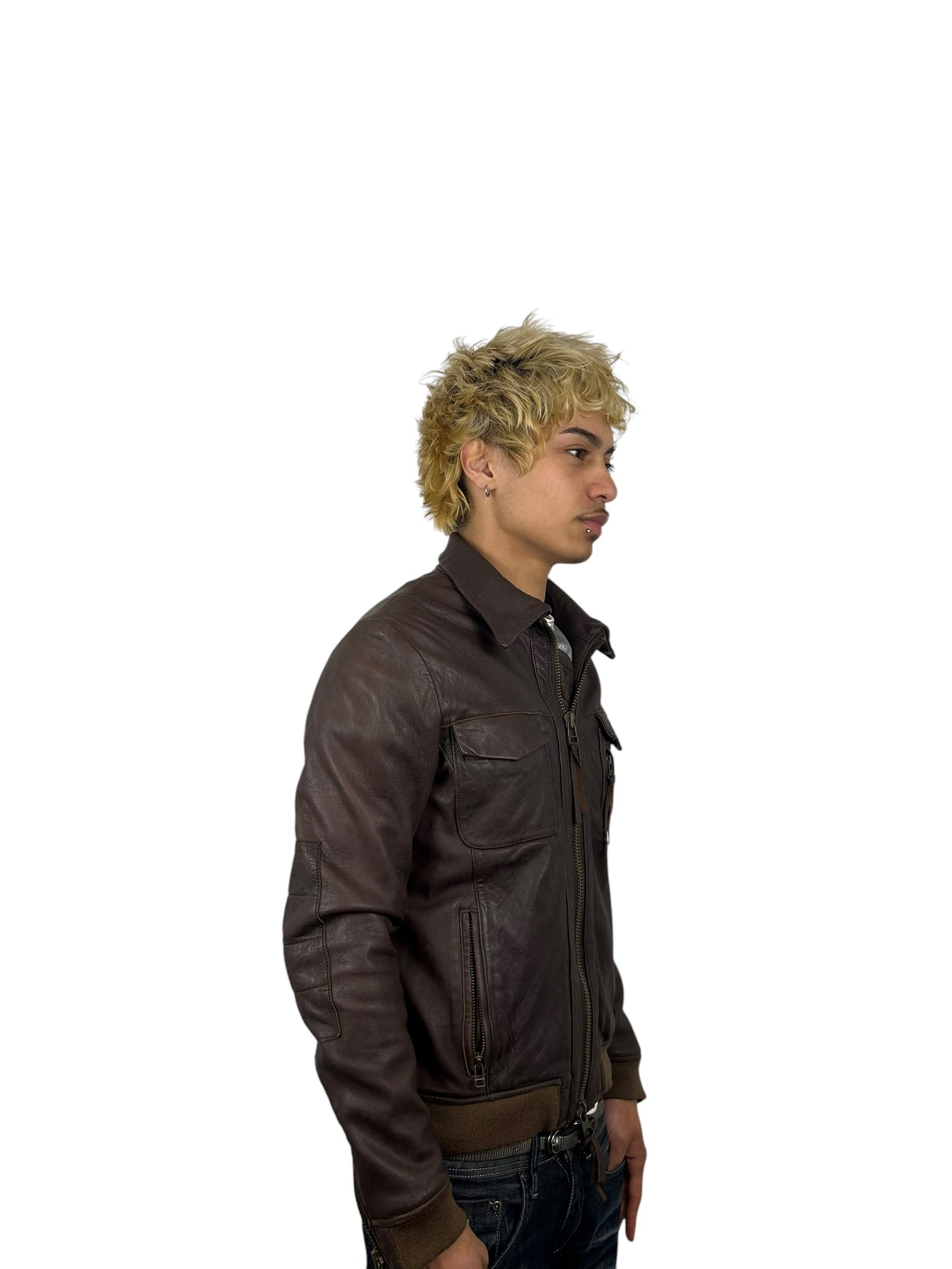 Johnbull Brown Leather Multi-Pocket Zip Jacket with Neck Guard (M)
