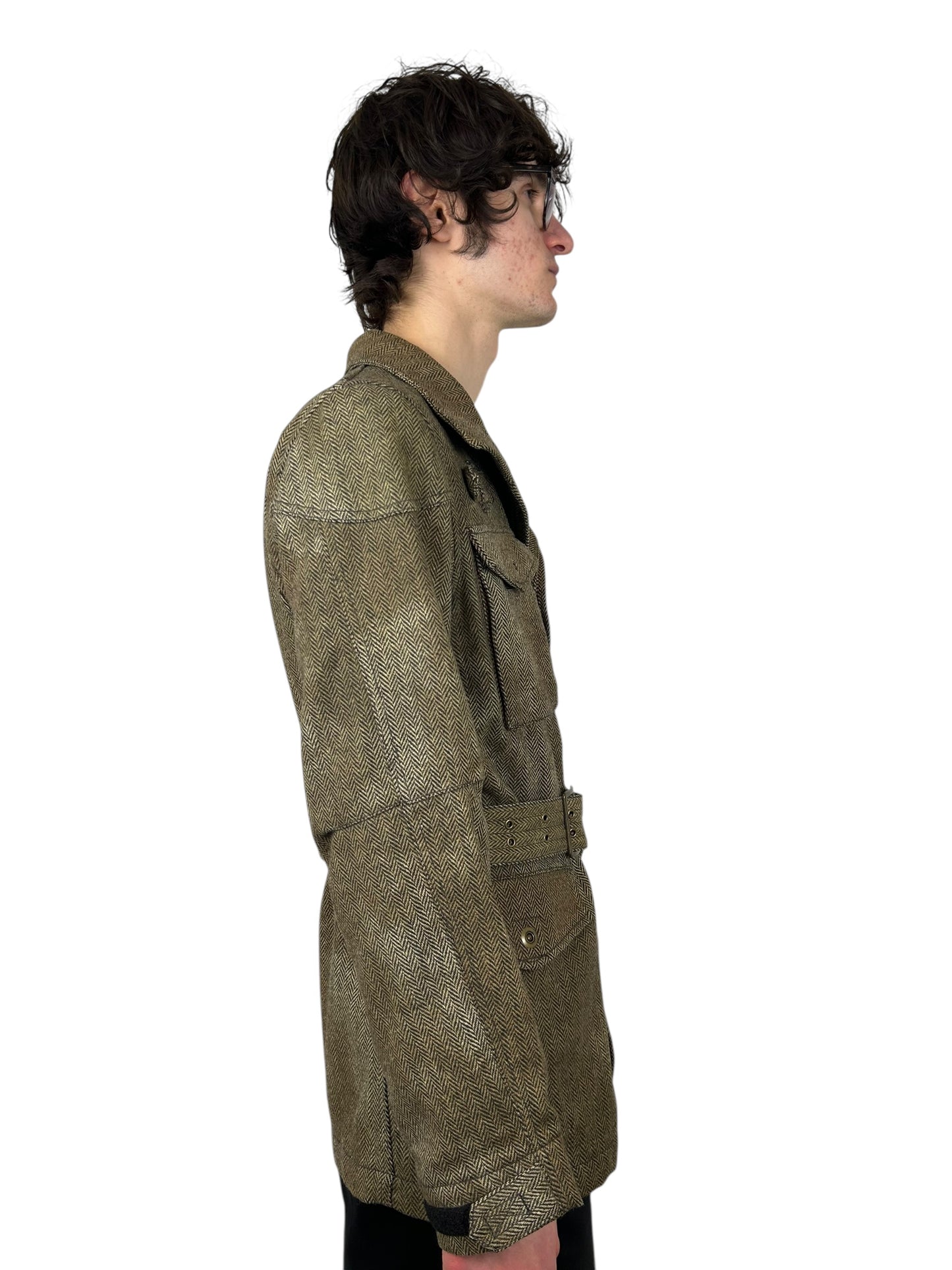 PPFM Belted HerringboneUtility Jacket with Zipper ChestPockets (M)