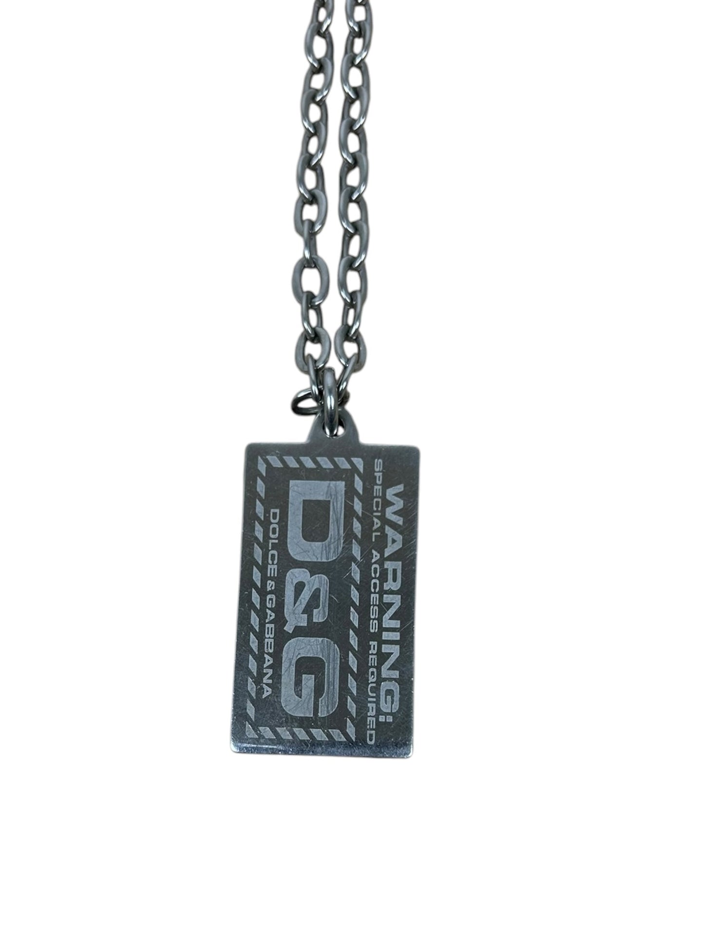 Dolce & Gabbana Silver “Warning” Square Tag Necklace
