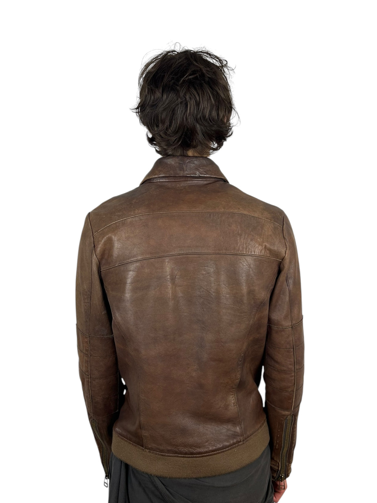 Johnbull Brown Leather Multi-Pocket Zip Jacket with Neck Guard (M)
