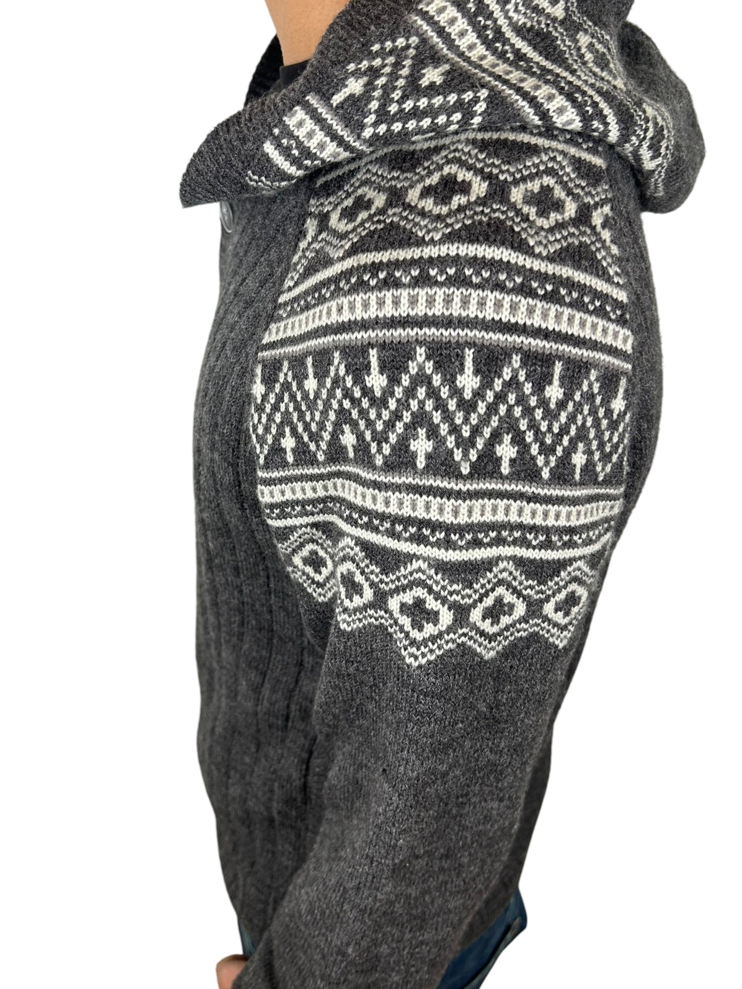 2000s PPFM Fair Isle Pattern Raglan Hooded Button Acrylic Wool Blend Knit Cardigan (M)