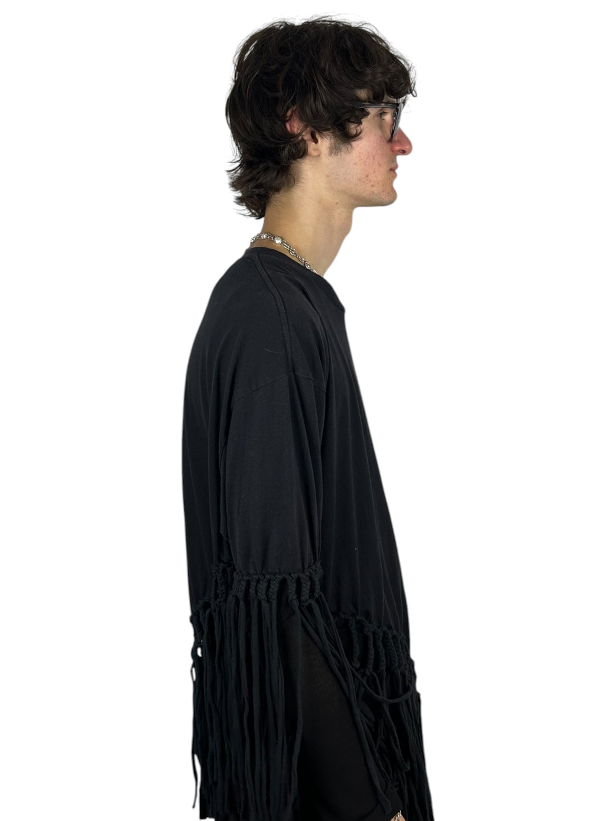 Asymmetric Hand-Knotted Fringe T-Shirt (L)