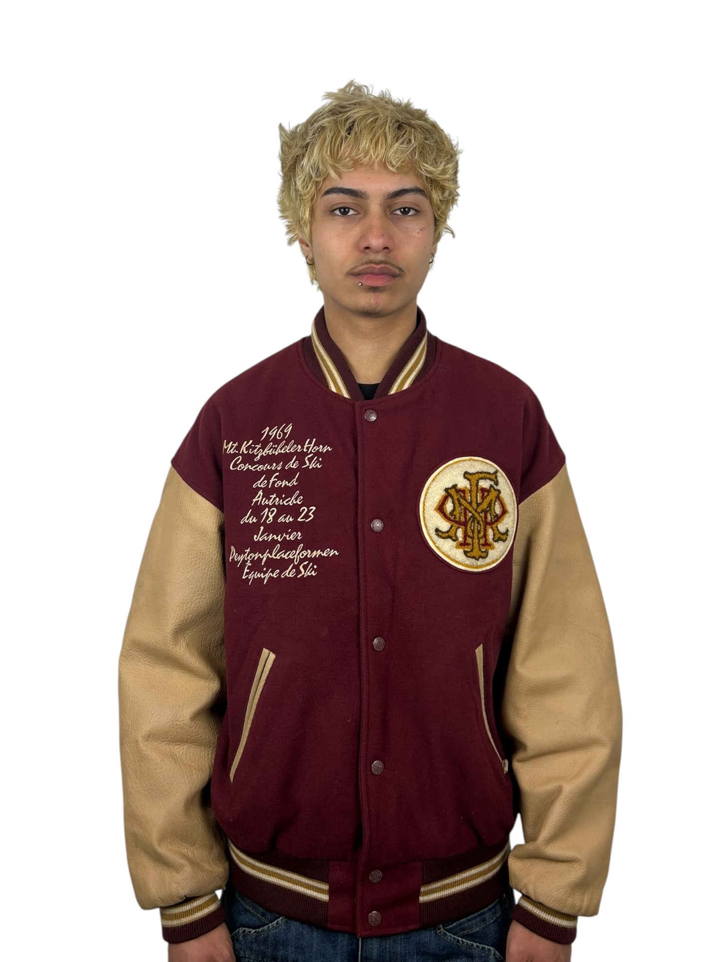 1990s PPFM Ski Team “Kitzbühel Horn” Embroidered Wool Leather Varsity Jacket (L)