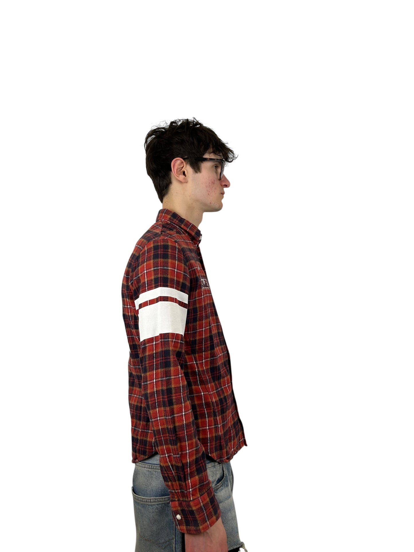 PPFM “The Crow / AC-DC” Painted Sleeves Plaid Flannel Shirt (M)