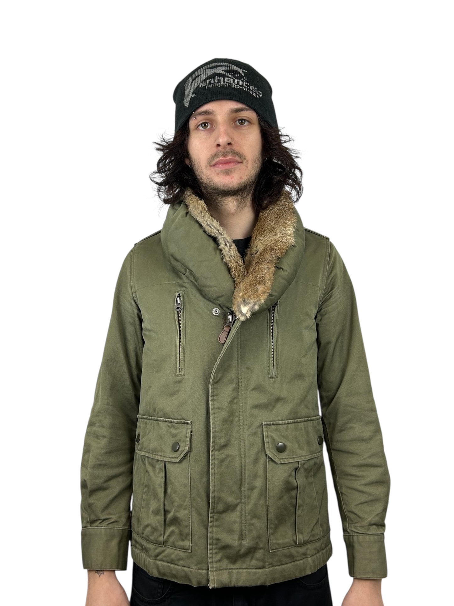 1990s Johnbull Rabbit Fur-Lined Asymmetrical Military Jacket (M)