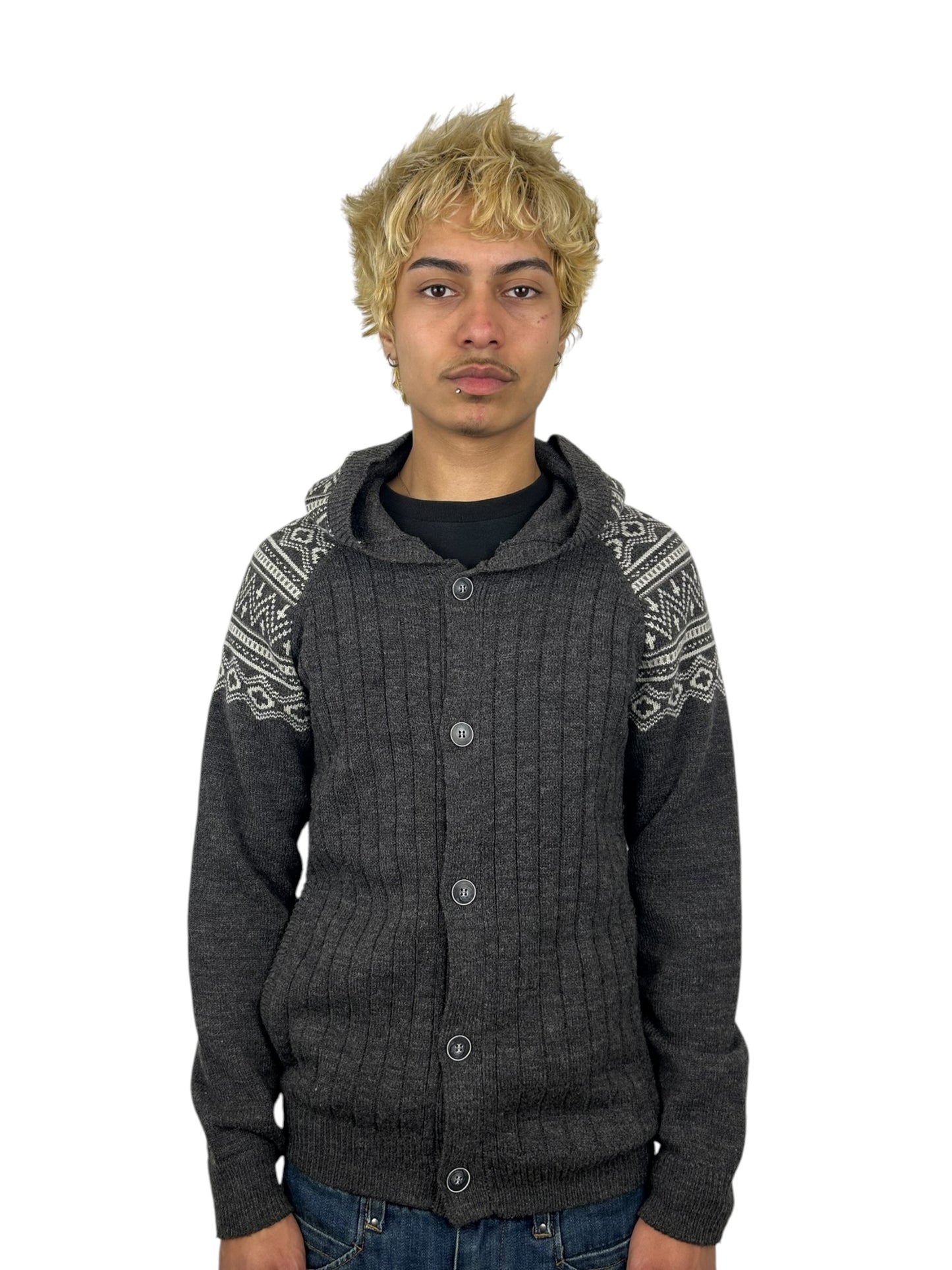 2000s PPFM Fair Isle Pattern Raglan Hooded Button Acrylic Wool Blend Knit Cardigan (M)