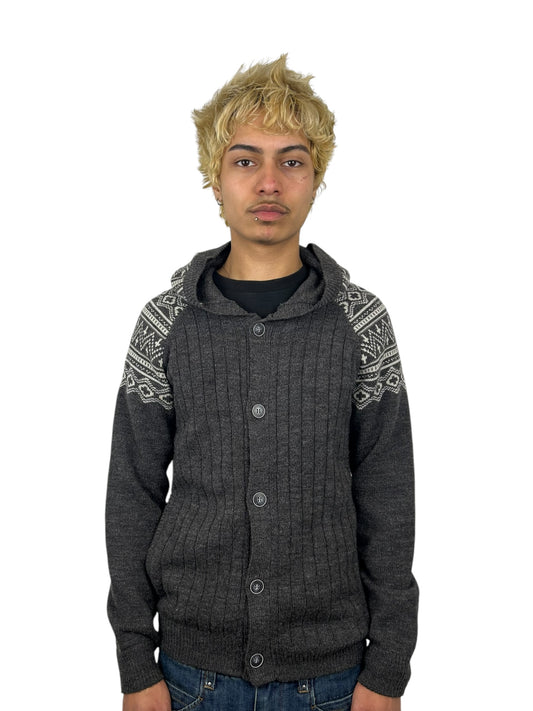 2000s PPFM Fair Isle Pattern Raglan Hooded Button Acrylic Wool Blend Knit Cardigan (M)