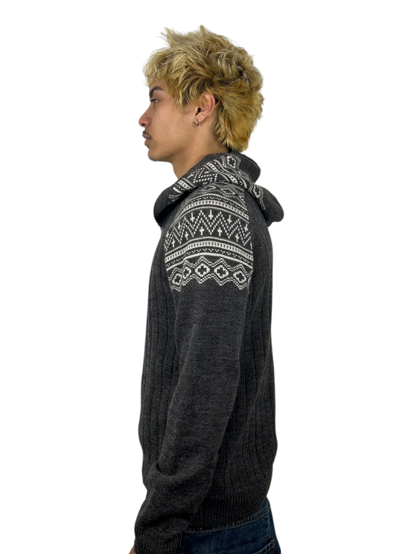 2000s PPFM Fair Isle Pattern Raglan Hooded Button Acrylic Wool Blend Knit Cardigan (M)