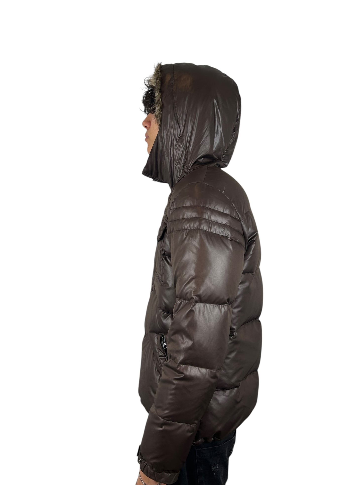 2000s PPFM Chocolate Brown Faux-Fur Trimmed Quilted Puffer Jacket (L)