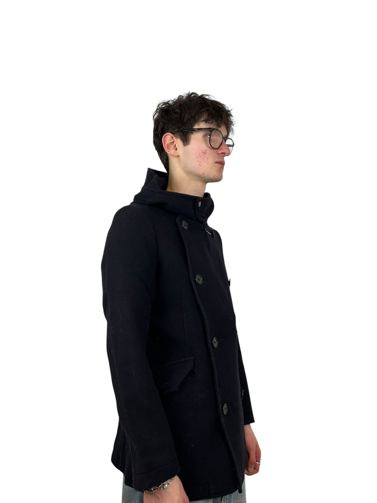 Zucca Asymmetrical Hooded Wool Toggle Zip Deep Navy Peacoat (L)