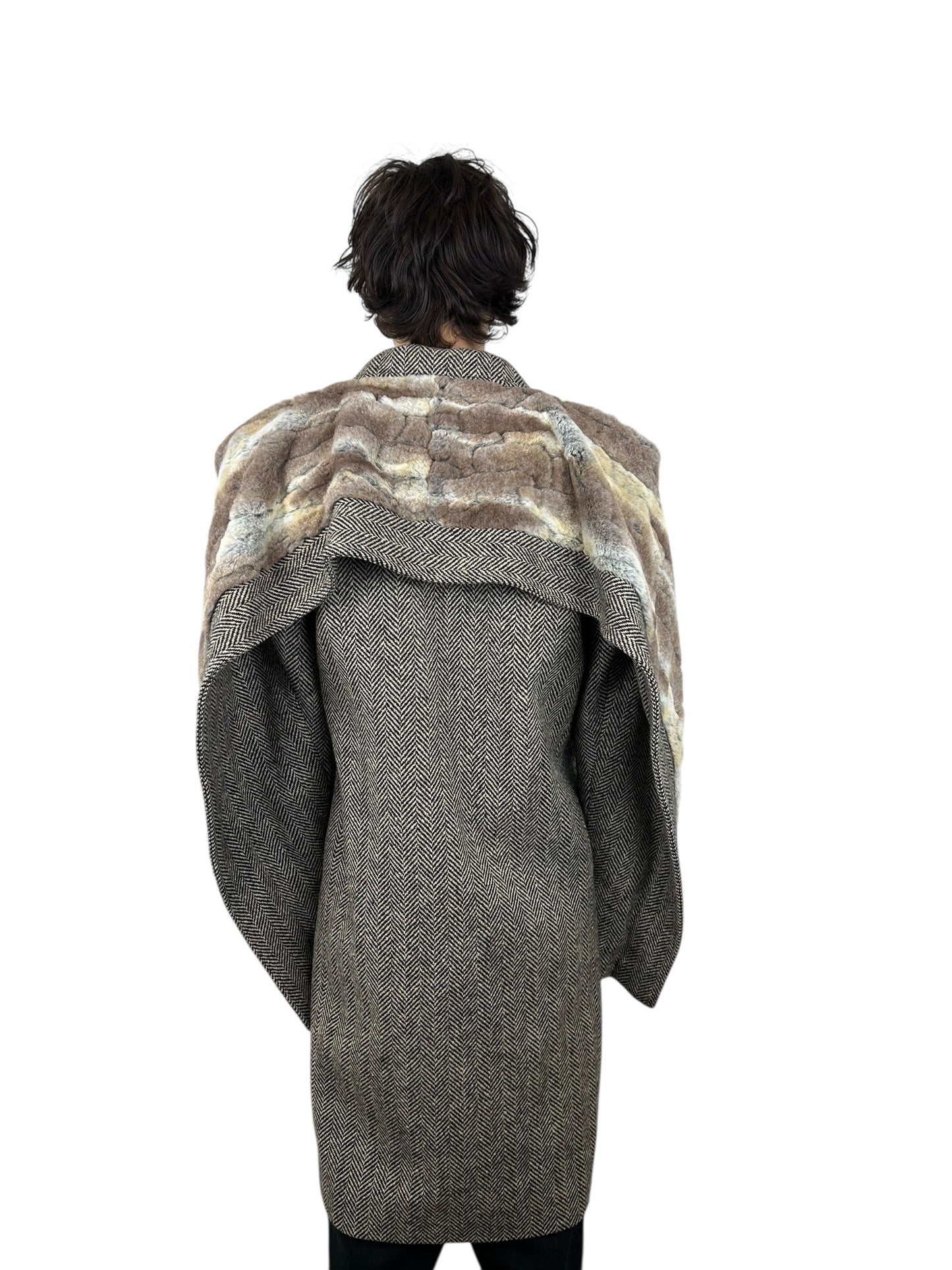 Y/Project Draped Faux Fur Herringbone Tweed Transformable Coat (L)