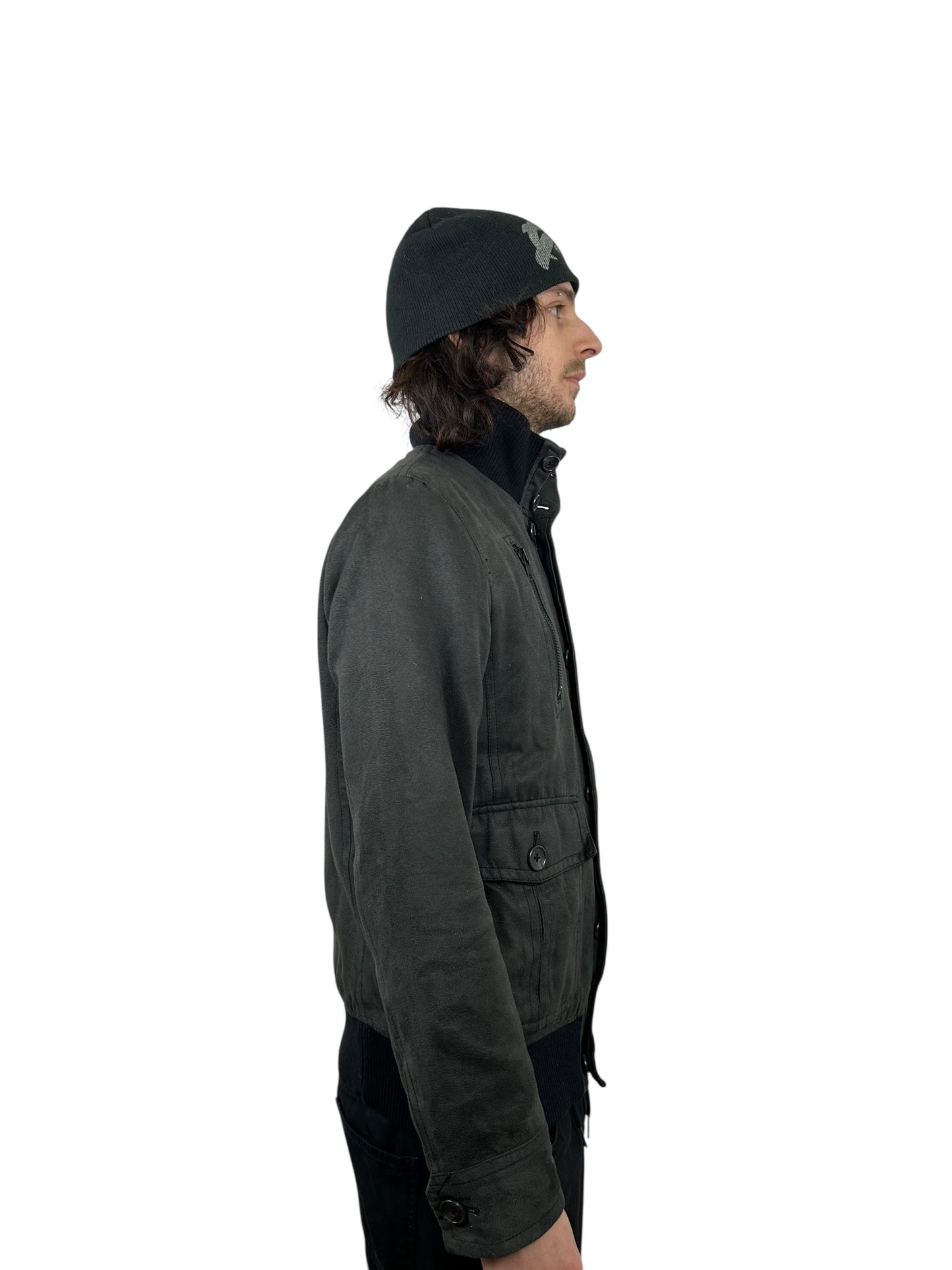 JPEGG Washed Charcoal Suede Funnel Neck Bomber Jacket (M)