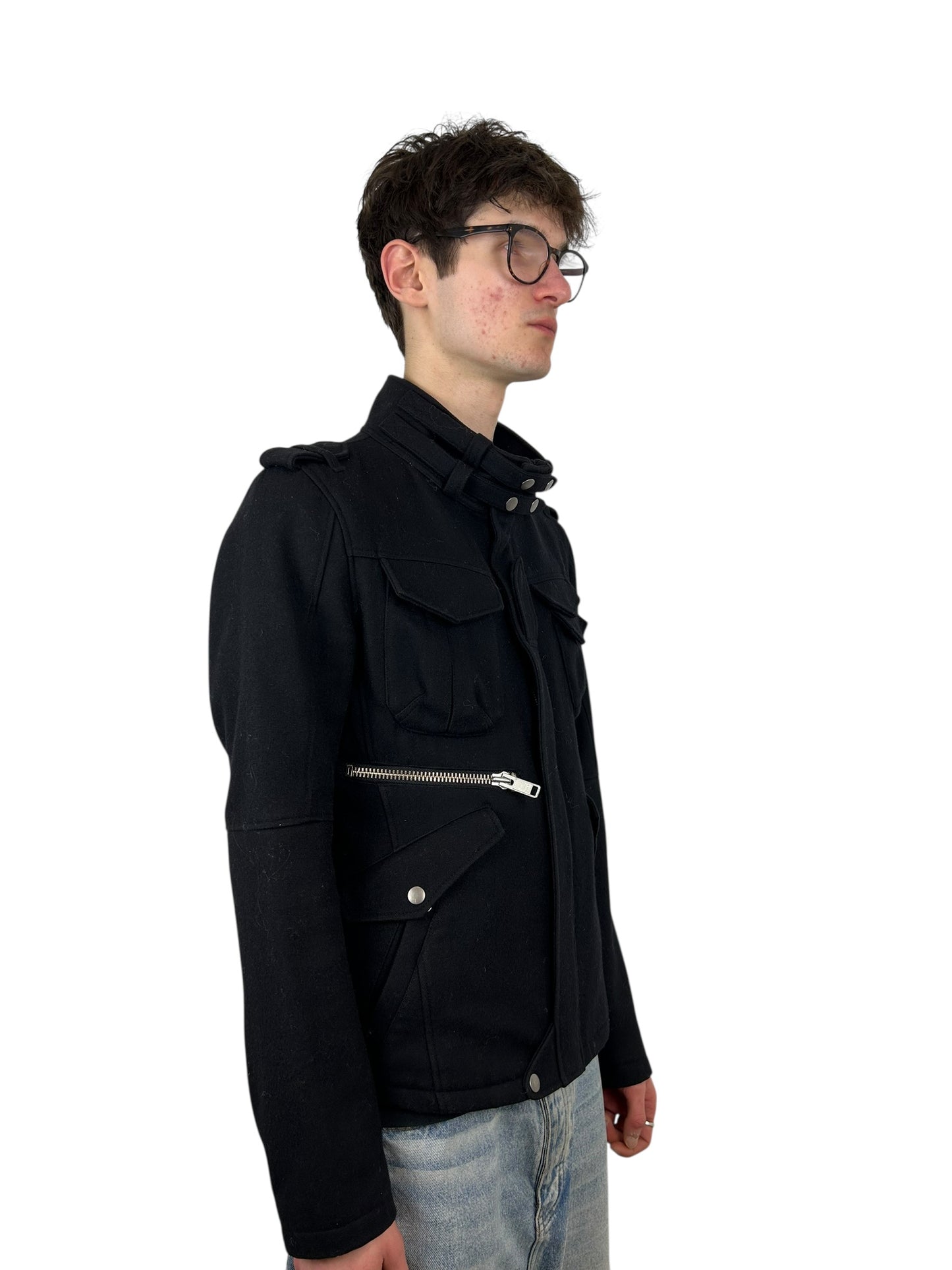 2000s PPFM Black Military Utility Jacket With Neck Guard (L)