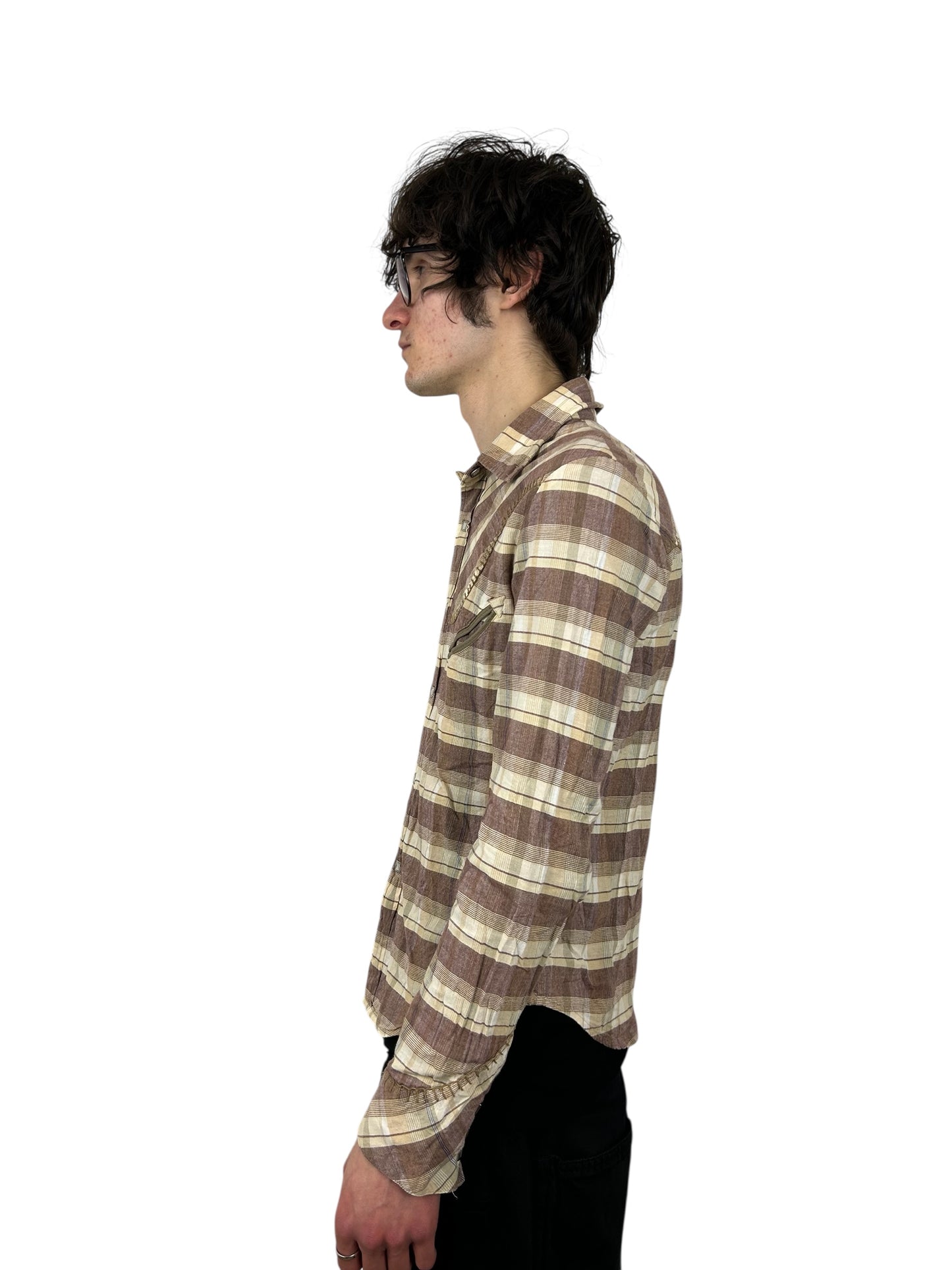 2000s PPFM Multi Stripe Plaid Skull Embroidery Western Style Button Up (M)