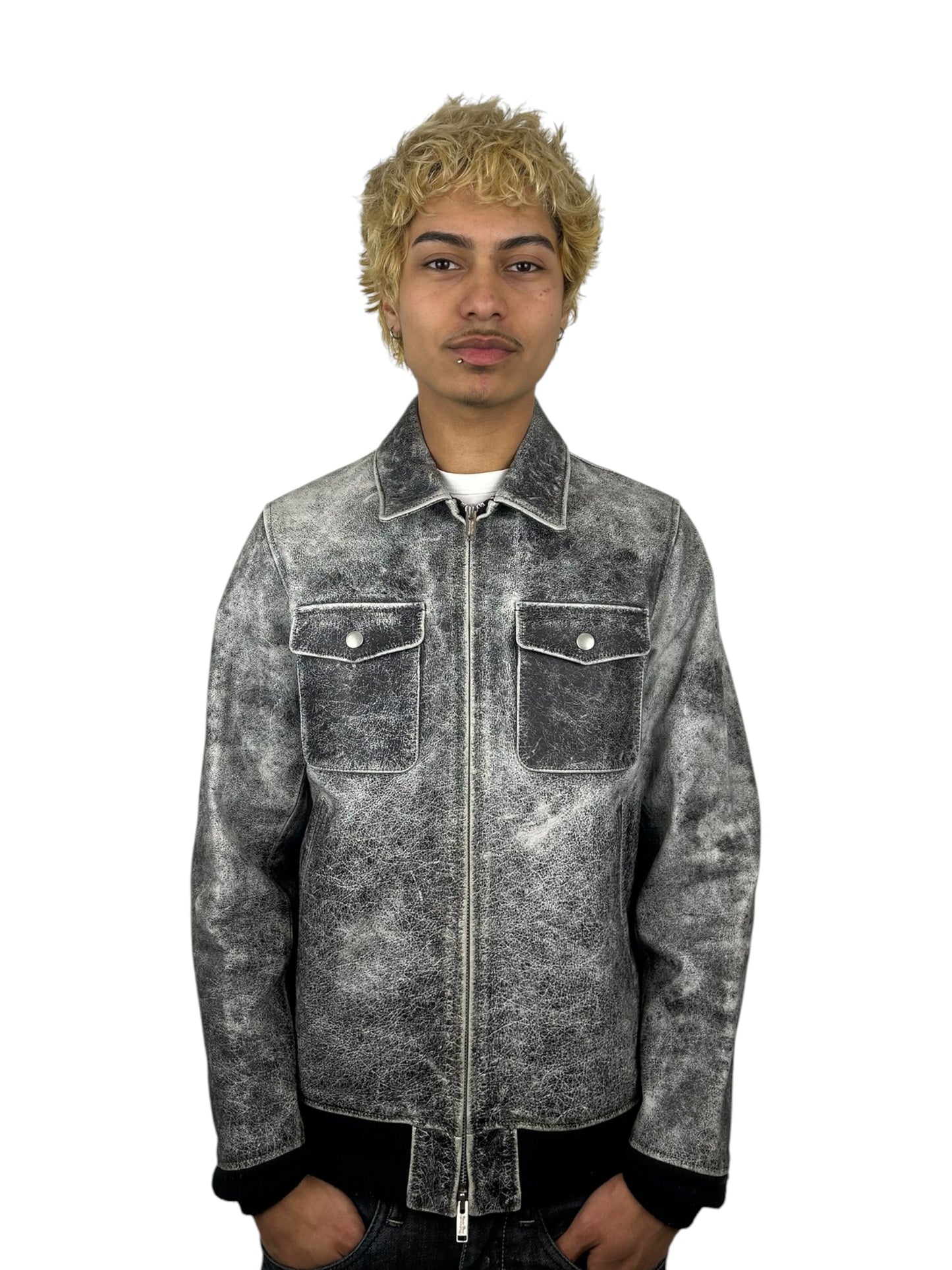 2017AW Undercover Sample “Brain Washed Generation” Crackled Leather Zip Jacket (M)