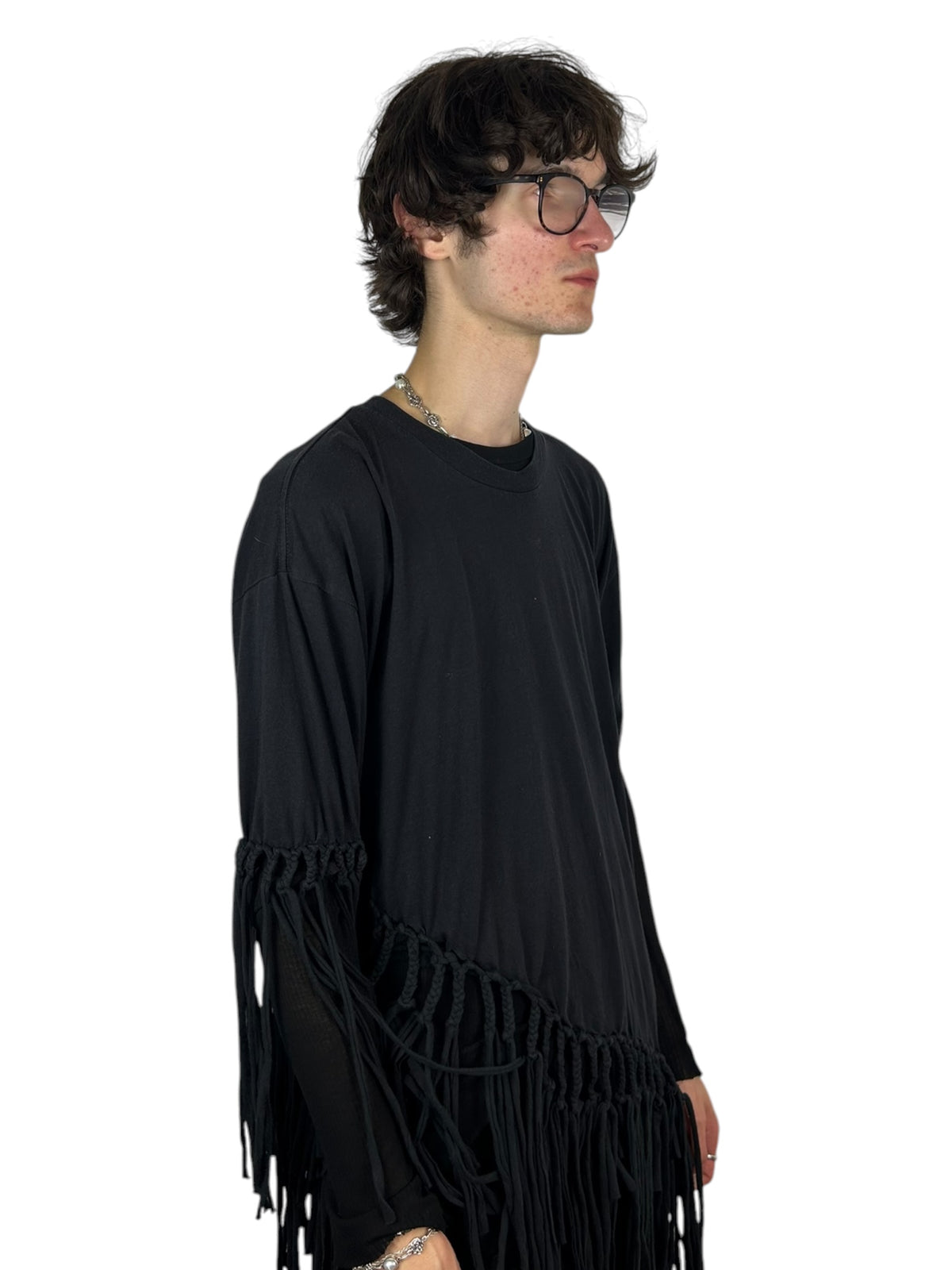 Asymmetric Hand-Knotted Fringe T-Shirt (L)