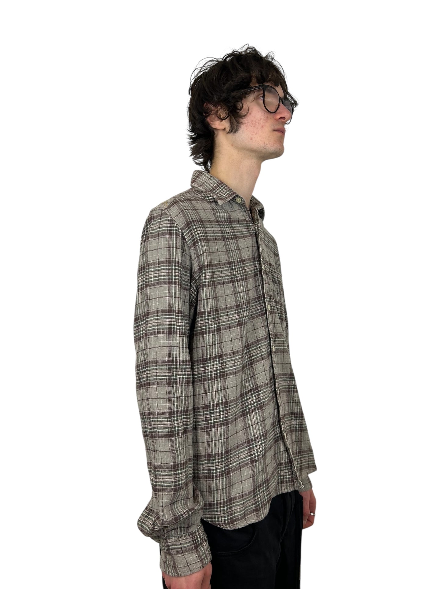 2000s PPFM Muted Tartan Plaid Rock & Roll Skeleton Print Button Up Shirt (M)