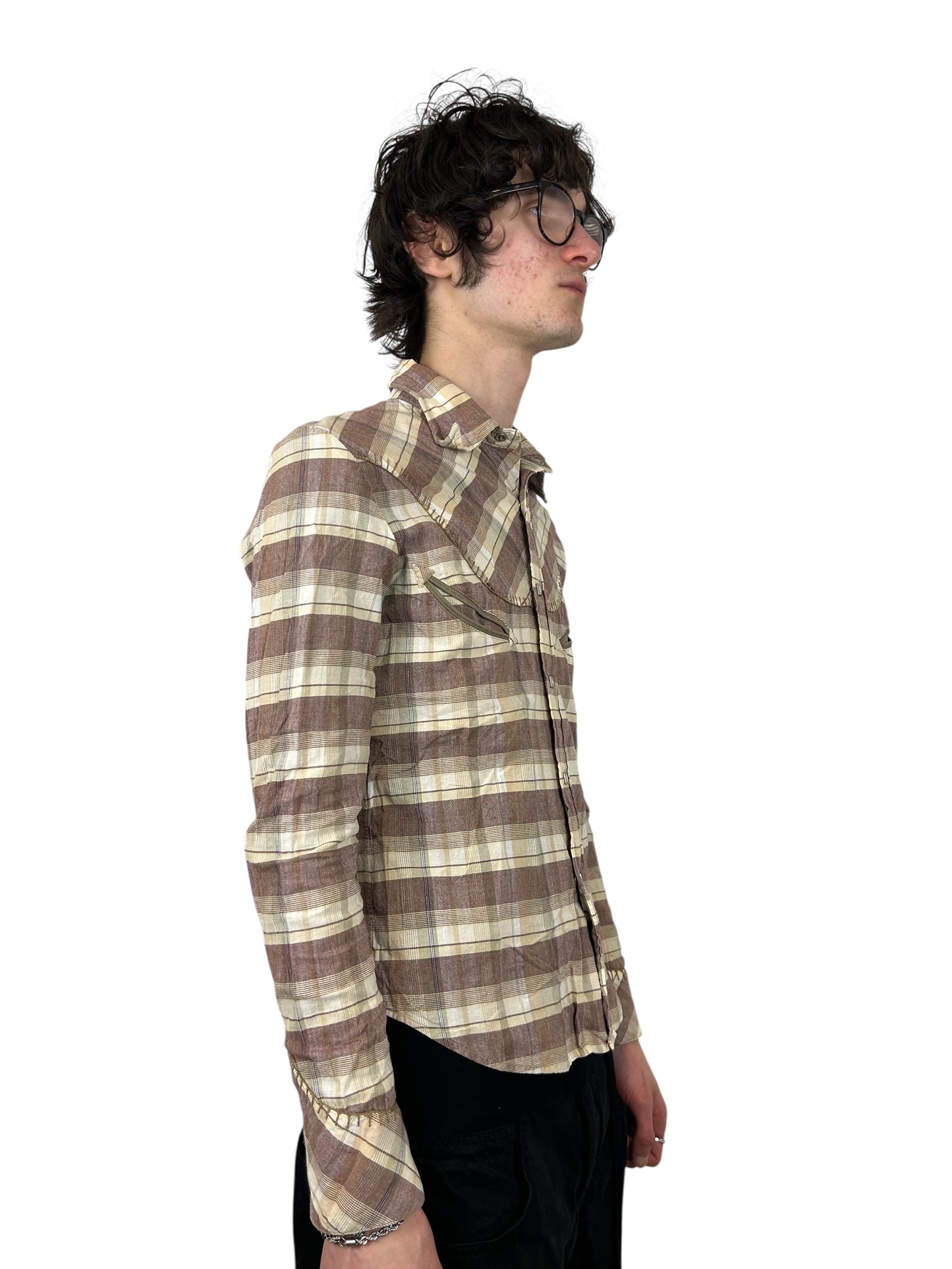 2000s PPFM Multi Stripe Plaid Skull Embroidery Western Style Button Up (M)