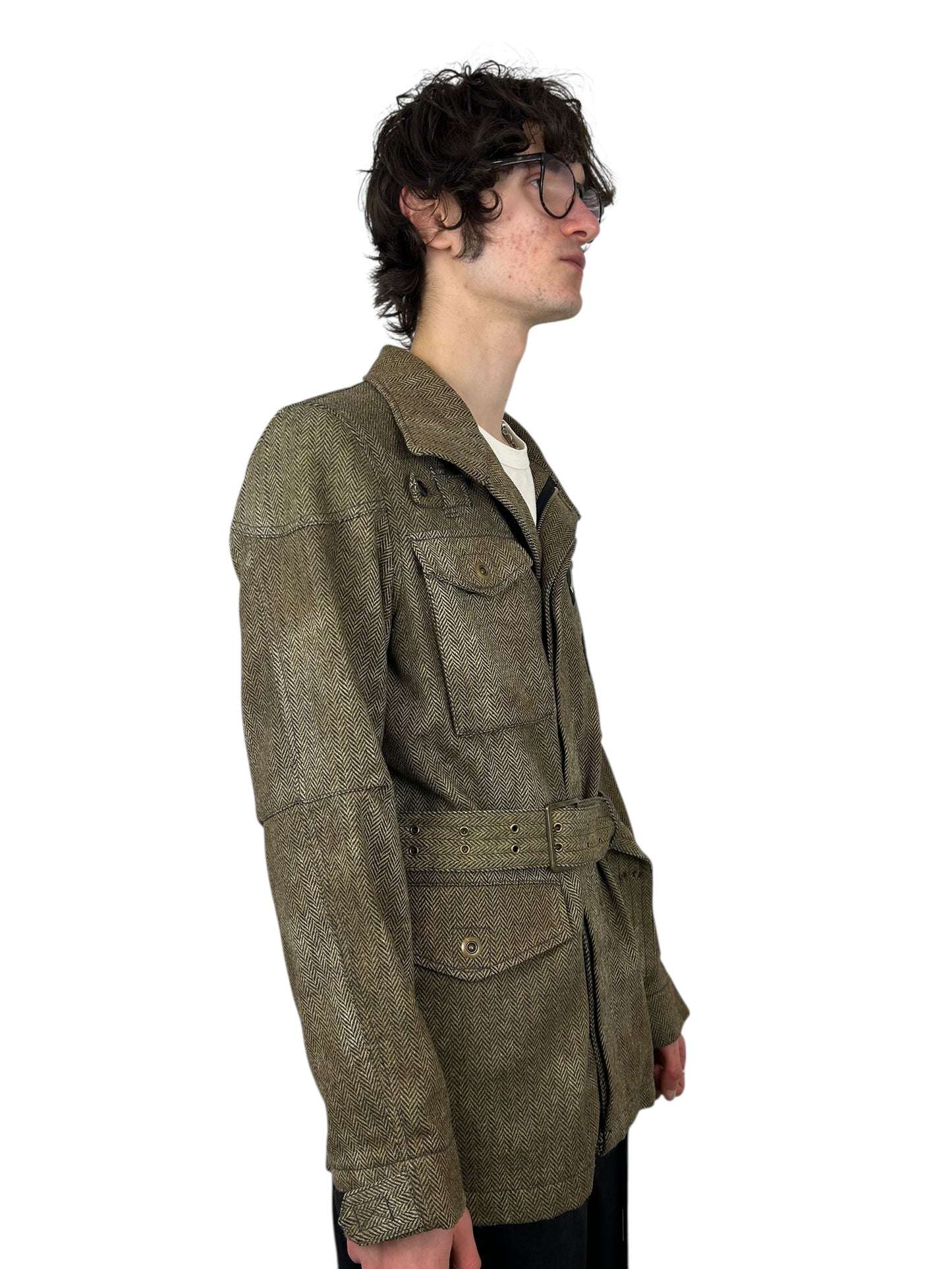 PPFM Belted HerringboneUtility Jacket with Zipper ChestPockets (M)