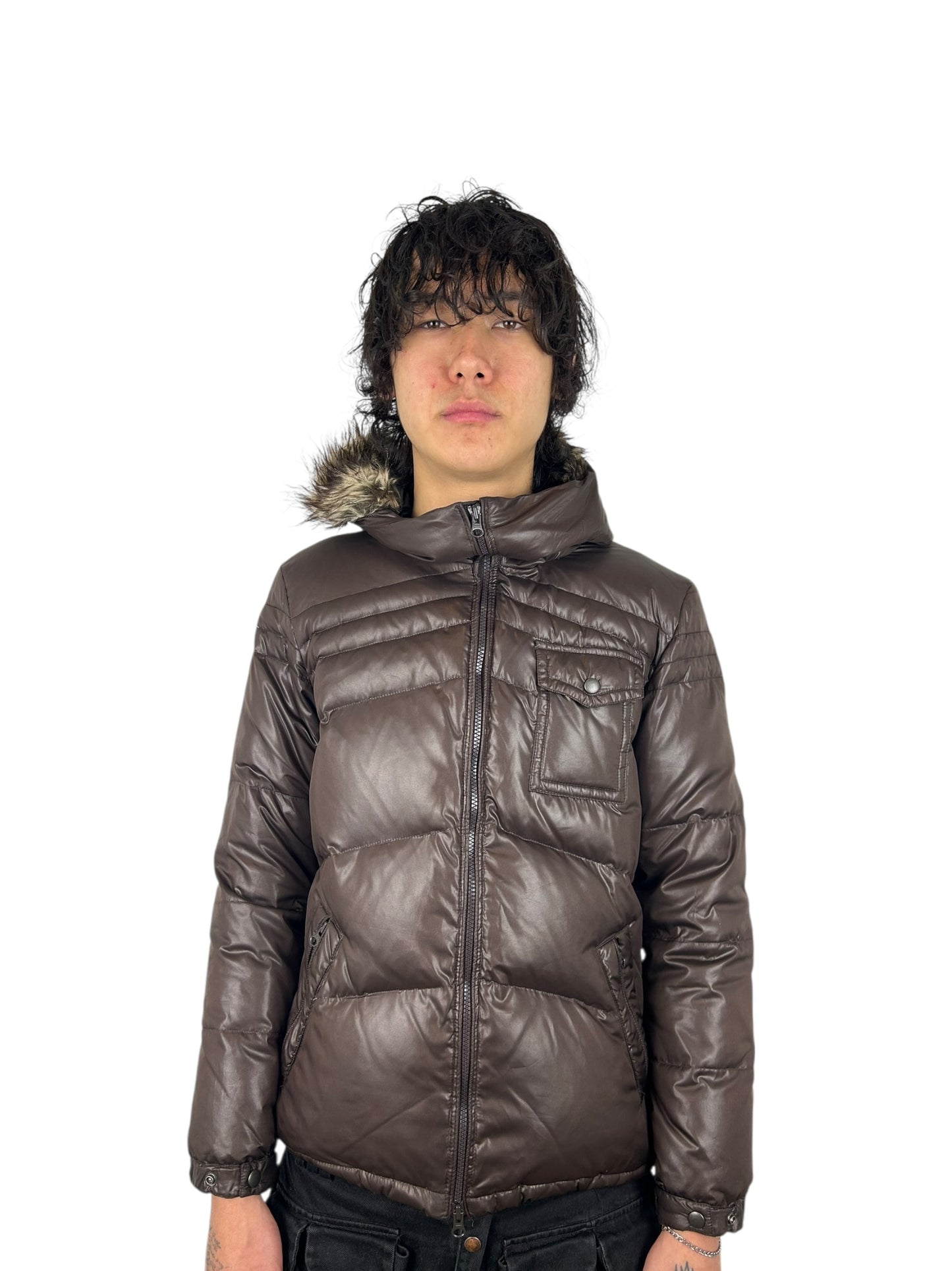 2000s PPFM Chocolate Brown Faux-Fur Trimmed Quilted Puffer Jacket (L)