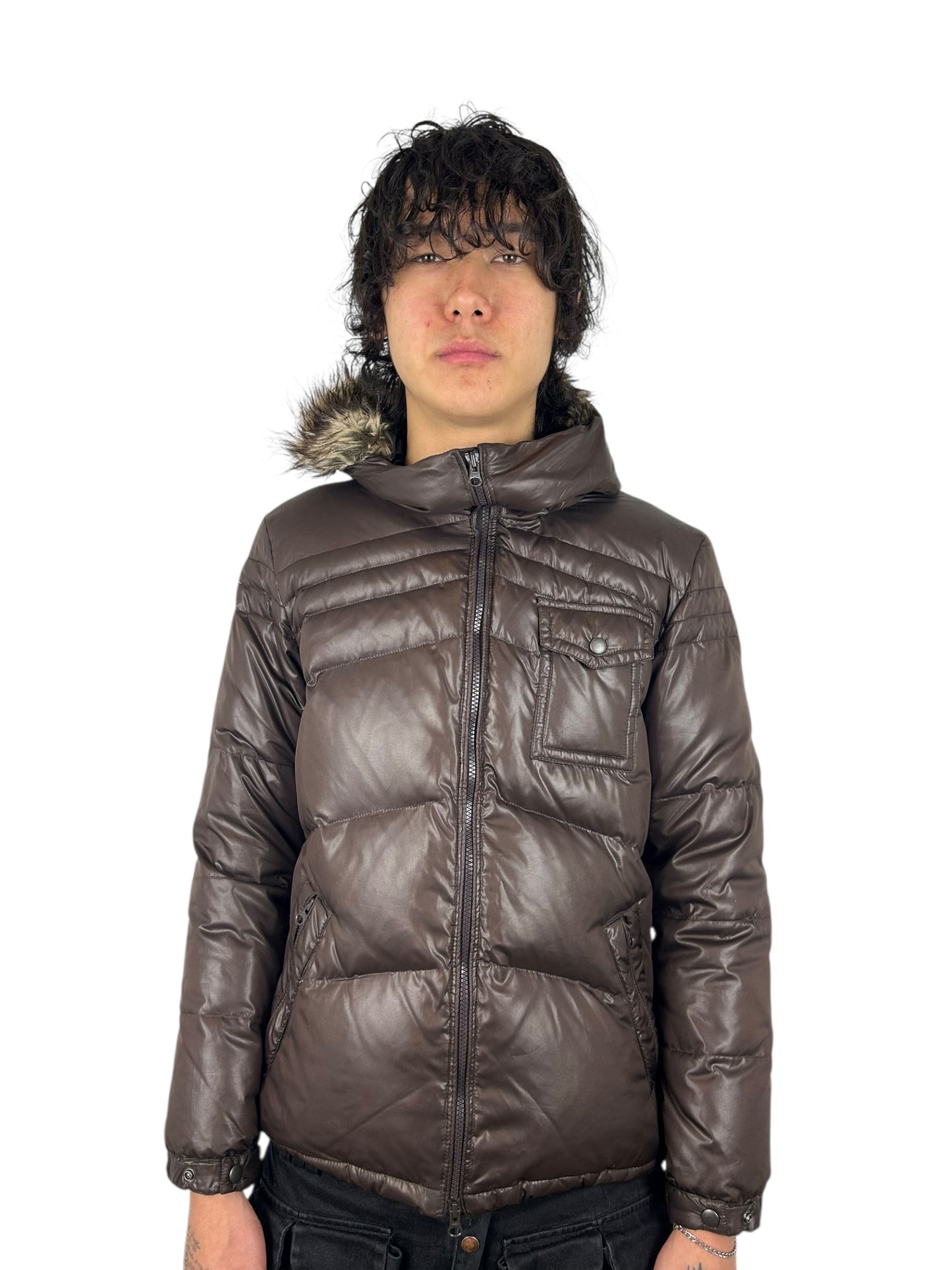 2000s PPFM Chocolate Brown Faux-Fur Trimmed Quilted Puffer Jacket (L)