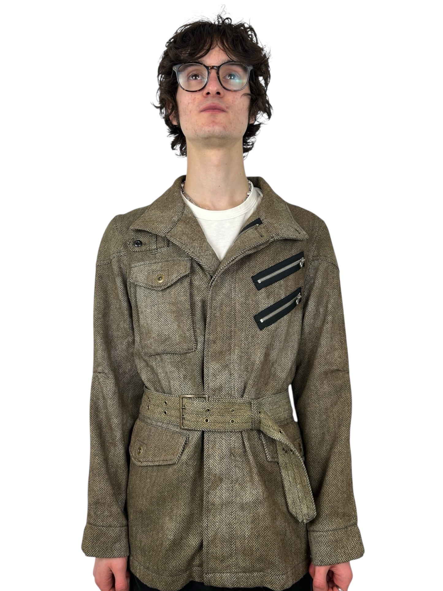 PPFM Belted HerringboneUtility Jacket with Zipper ChestPockets (M)