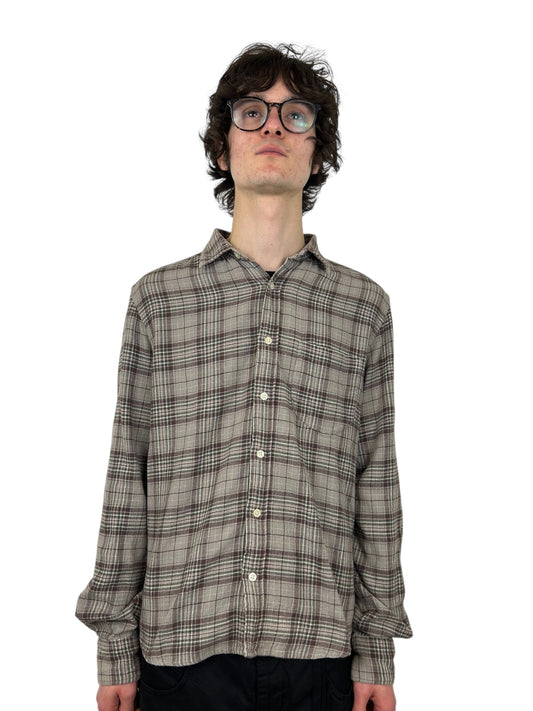 2000s PPFM Muted Tartan Plaid Rock & Roll Skeleton Print Button Up Shirt (M)